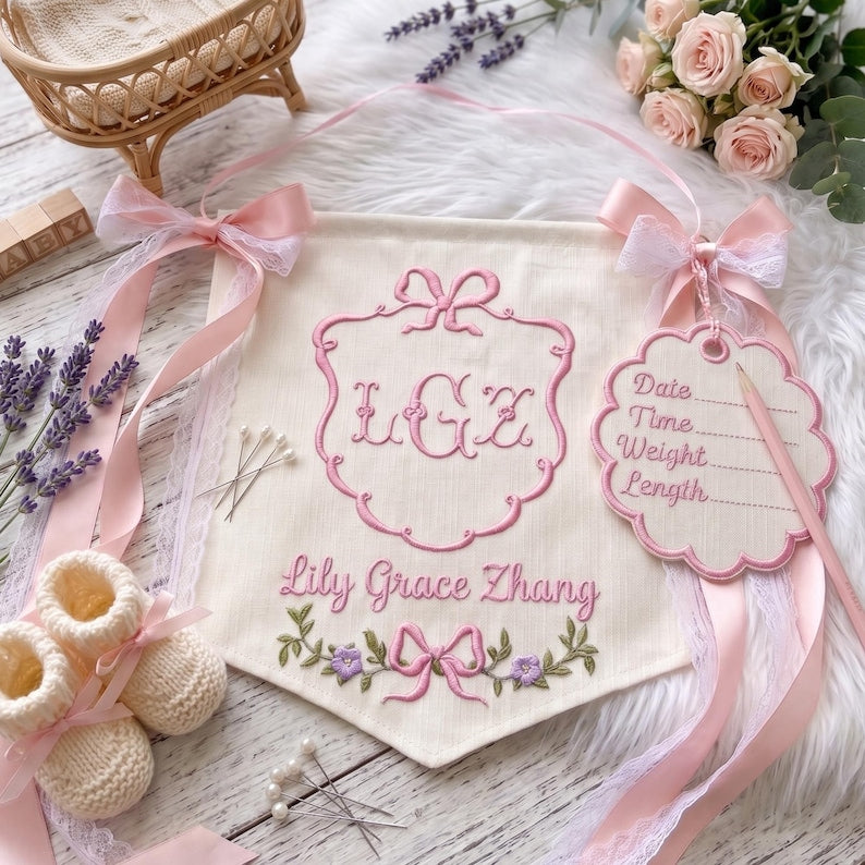 Personalized Embroidered Baby Name Banner, Custom Nursery Pennant with Floral Stork Design, Newborn Gift & Baby Shower Decor BBFLAG05
