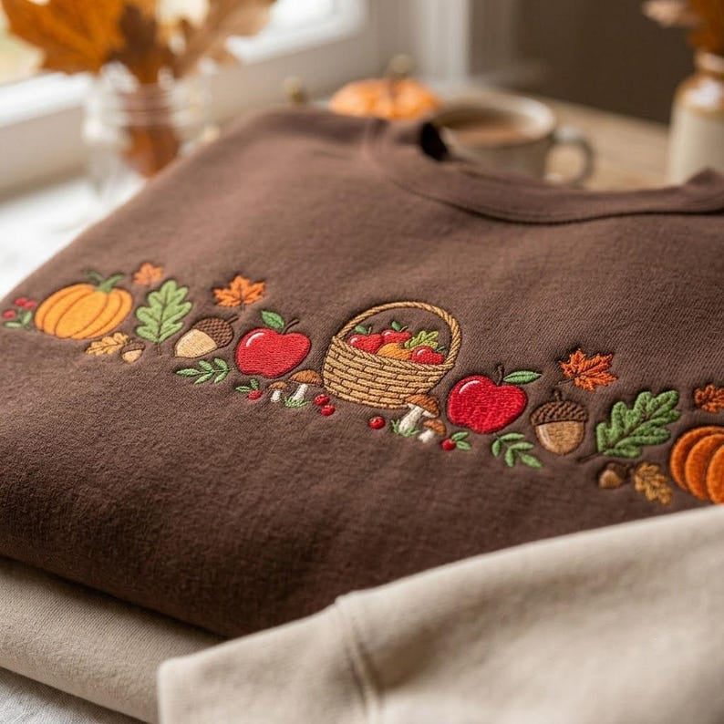 Embroidered Fall Harvest Pumpkin Shirt, Autumn Cozy Season Shirt, Thanksgiving Pumpkin Apple Shirt, Fall Gift, Fall Unisex Kid Adult Shirt HLNS05