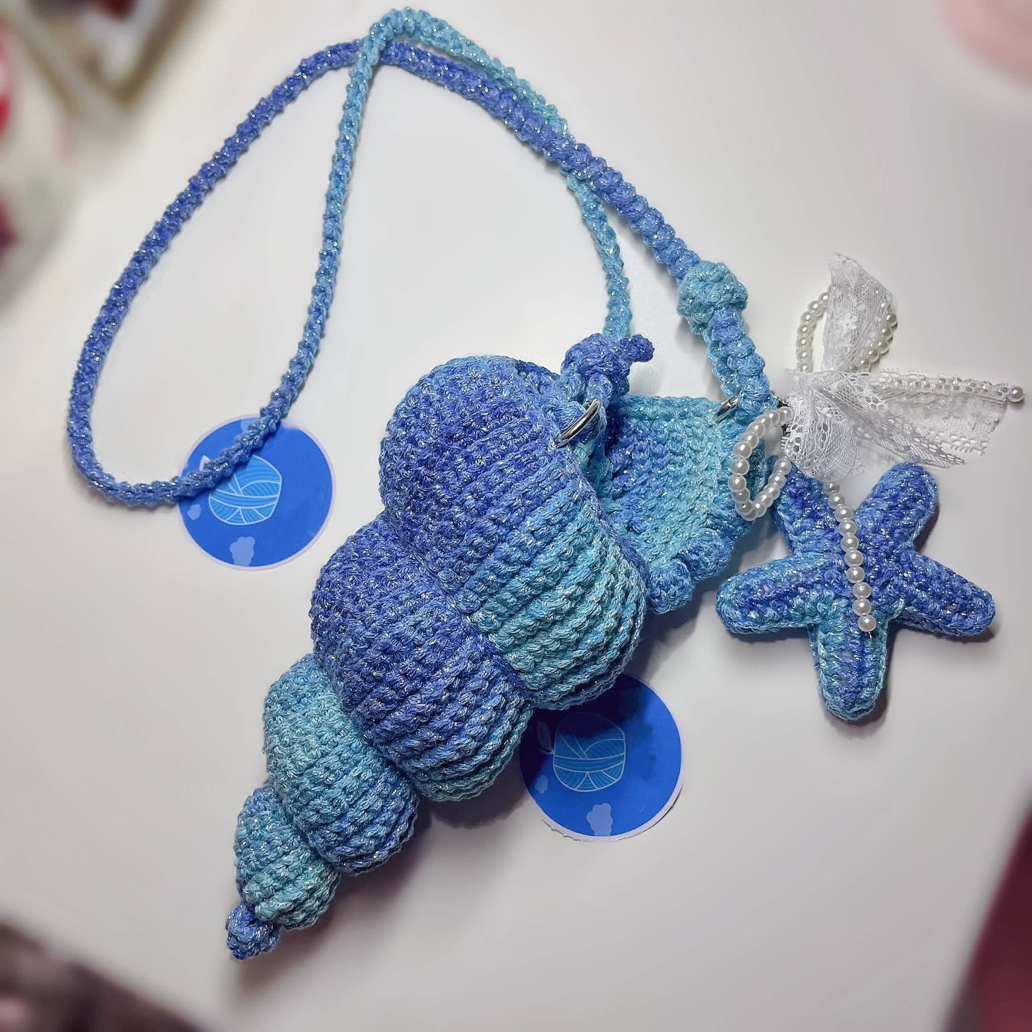 Crochet Seashell Crossbody Bag, Handmade Ocean Bag, Blue Starfish Shoulder Bag, Beach Summer Bag, Cute Coastal Gift for Her Crochet01