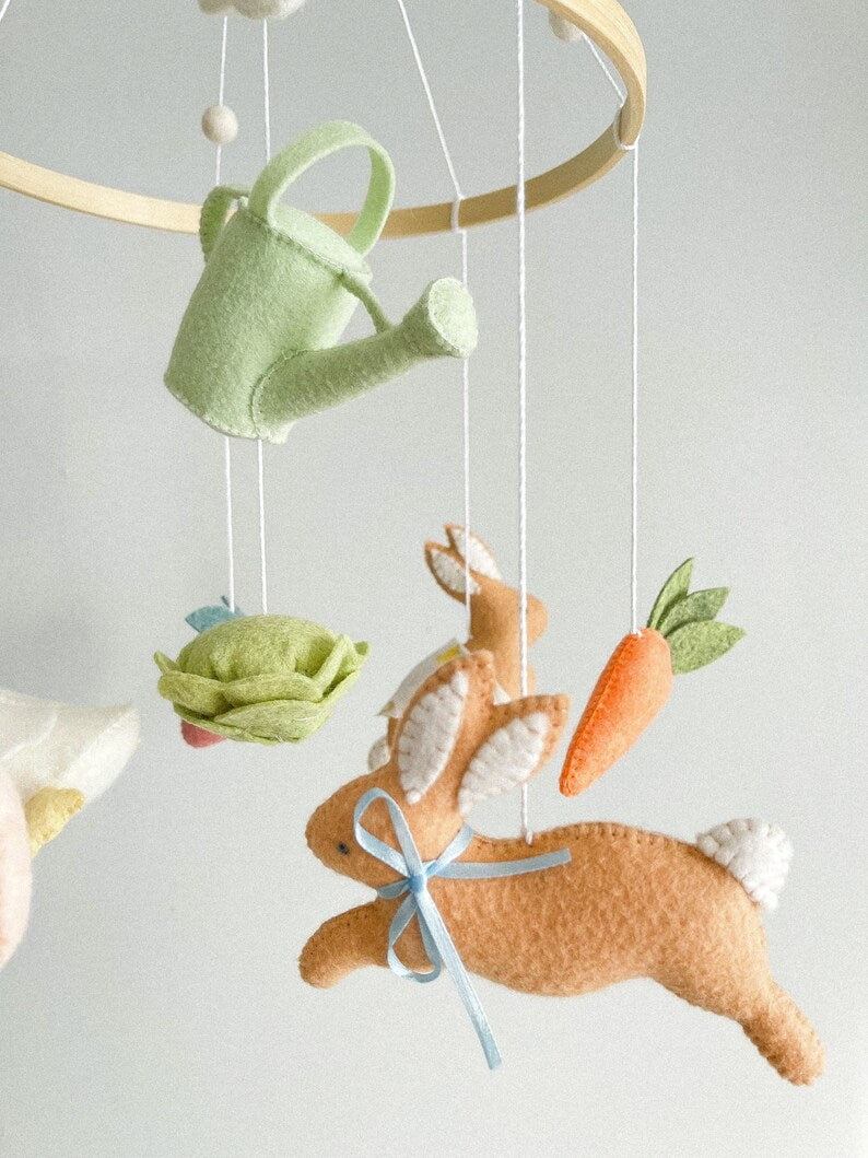Personalized Garden Bunny Felt Baby Mobile, Handmade Rabbit Nursery Crib Mobile, Goose, Carrot and Spring Baby Room Decor BBMB05