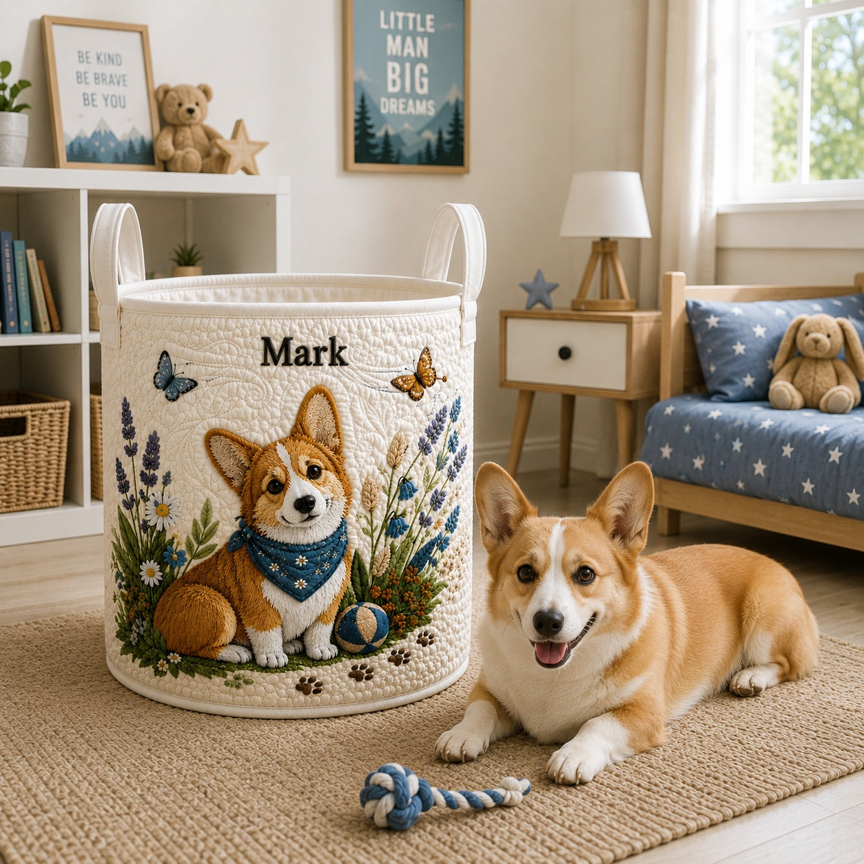 Cute Corgi Quilted Laundry Basket, Dog Storage Hamper, Custom Name Quilted Basket, Laundry Room Decor, Fabric Clothes Basket QBK80