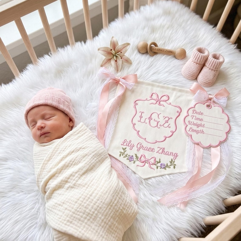 Personalized Embroidered Baby Name Banner, Custom Nursery Pennant with Floral Stork Design, Newborn Gift & Baby Shower Decor BBFLAG05