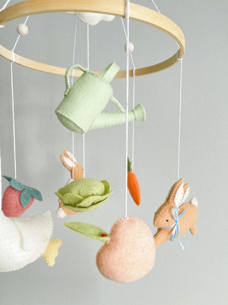 Personalized Garden Bunny Felt Baby Mobile, Handmade Rabbit Nursery Crib Mobile, Goose, Carrot and Spring Baby Room Decor BBMB05