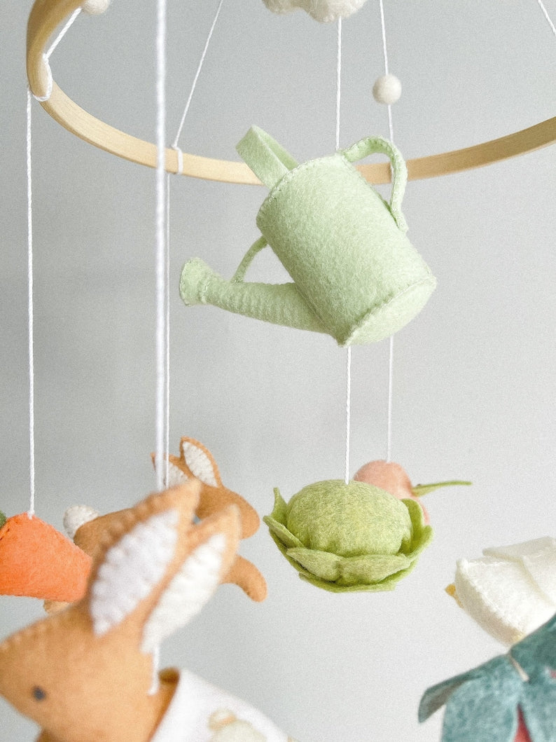 Personalized Garden Bunny Felt Baby Mobile, Handmade Rabbit Nursery Crib Mobile, Goose, Carrot and Spring Baby Room Decor BBMB05