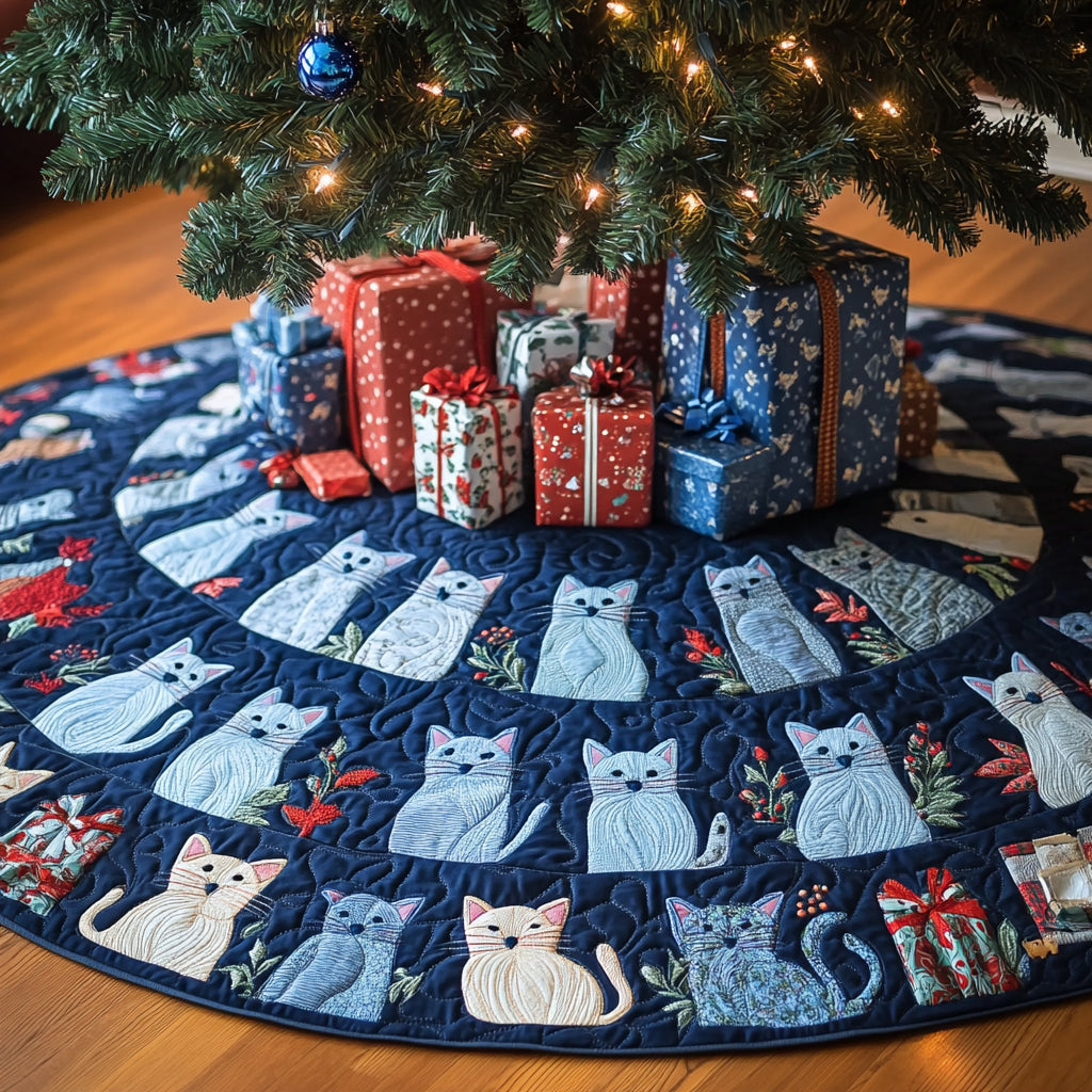 Blue Cat Quilted Tree Skirt, Patchwork Xmas Tree Skirt, Holiday Decor, Xmas Tree Base Cover, Custom Tree Skirt XMASTS55