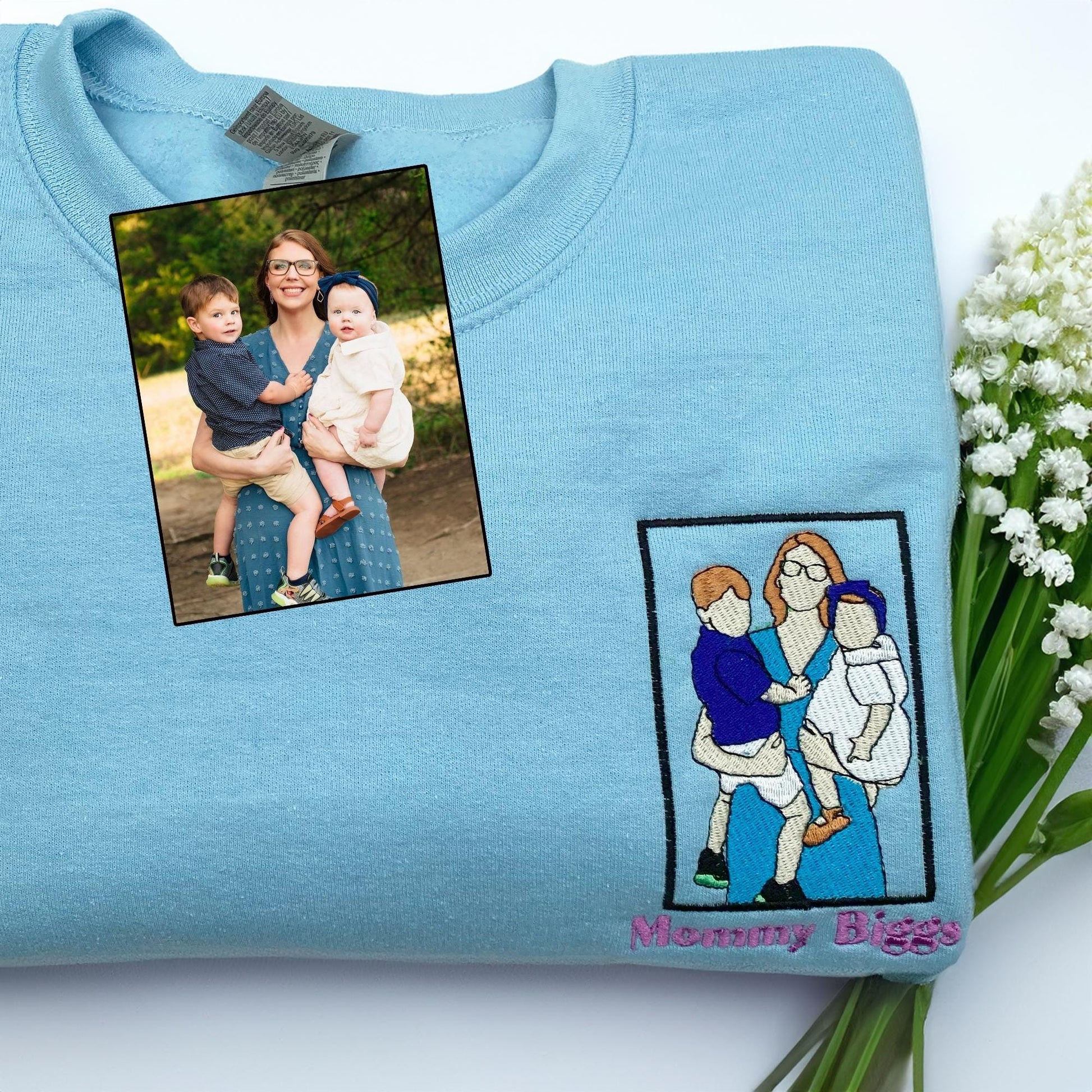 Custom Embroidered Mother Day Sweatshirt with Mama Portrait, Personalized Mom Hoodie with Kid Name, Best Gift for Mom, Kids Portrait
