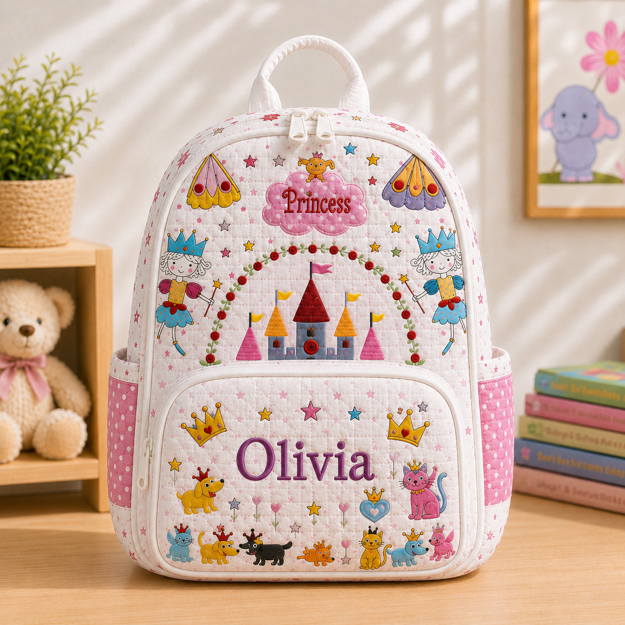 Pink Princess Castle Quilted Backpack, Pink Castle Backpack, Mini Travel Bag, Kid School Bag, Back To School Backpack QBP36