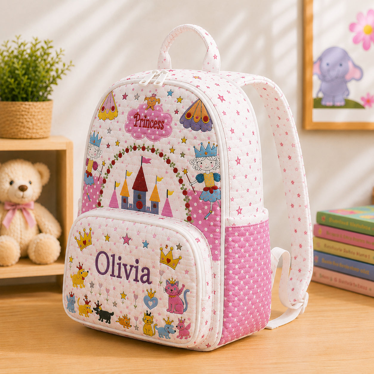 Pink Princess Castle Quilted Backpack, Pink Castle Backpack, Mini Travel Bag, Kid School Bag, Back To School Backpack QBP36
