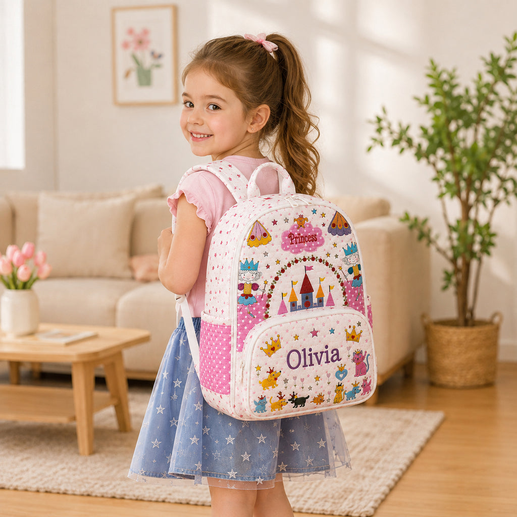 Pink Princess Castle Quilted Backpack, Pink Castle Backpack, Mini Travel Bag, Kid School Bag, Back To School Backpack QBP36
