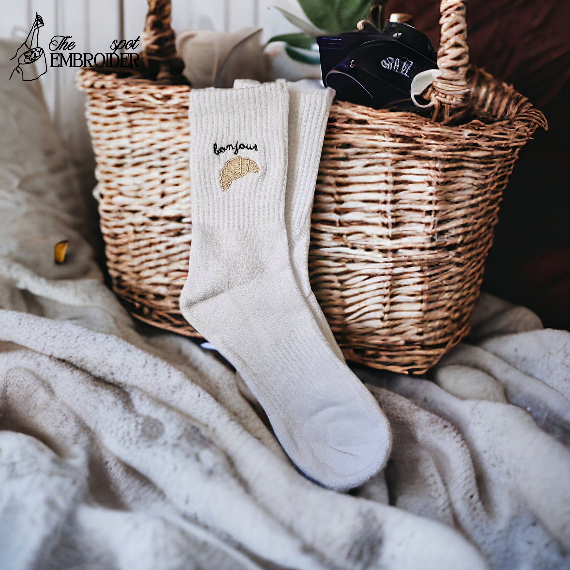 Croissant Socks Bonjour Embroidery, Socks France Lover, Socks Paris Lover, Socks Gift For Paris Lover, Embroidered Croissant Socks, France Socks