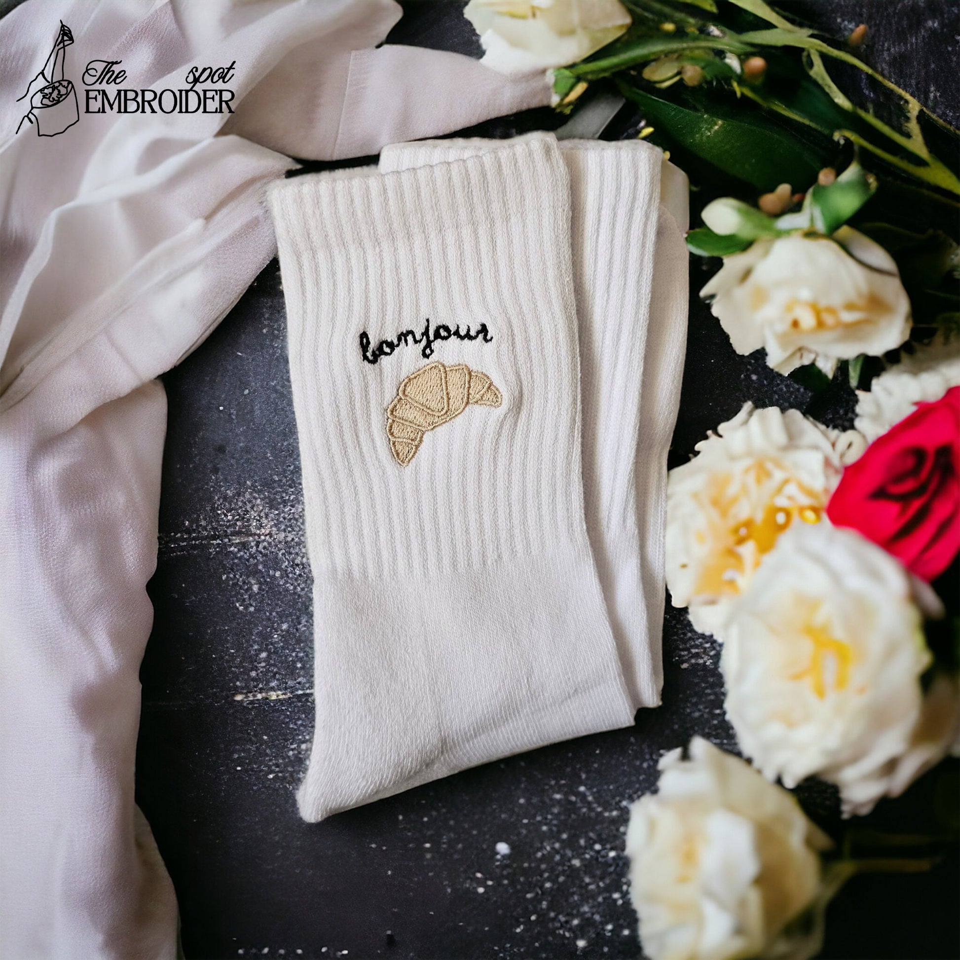 Croissant Socks Bonjour Embroidery, Socks France Lover, Socks Paris Lover, Socks Gift For Paris Lover, Embroidered Croissant Socks, France Socks