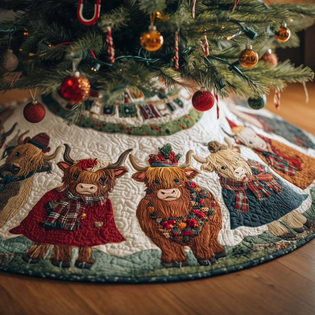 Highland Cow Quilted Tree Skirt, Patchwork Xmas Tree Skirt, Holiday Decor, Xmas Tree Base Cover, Custom Tree Skirt XMASTS58