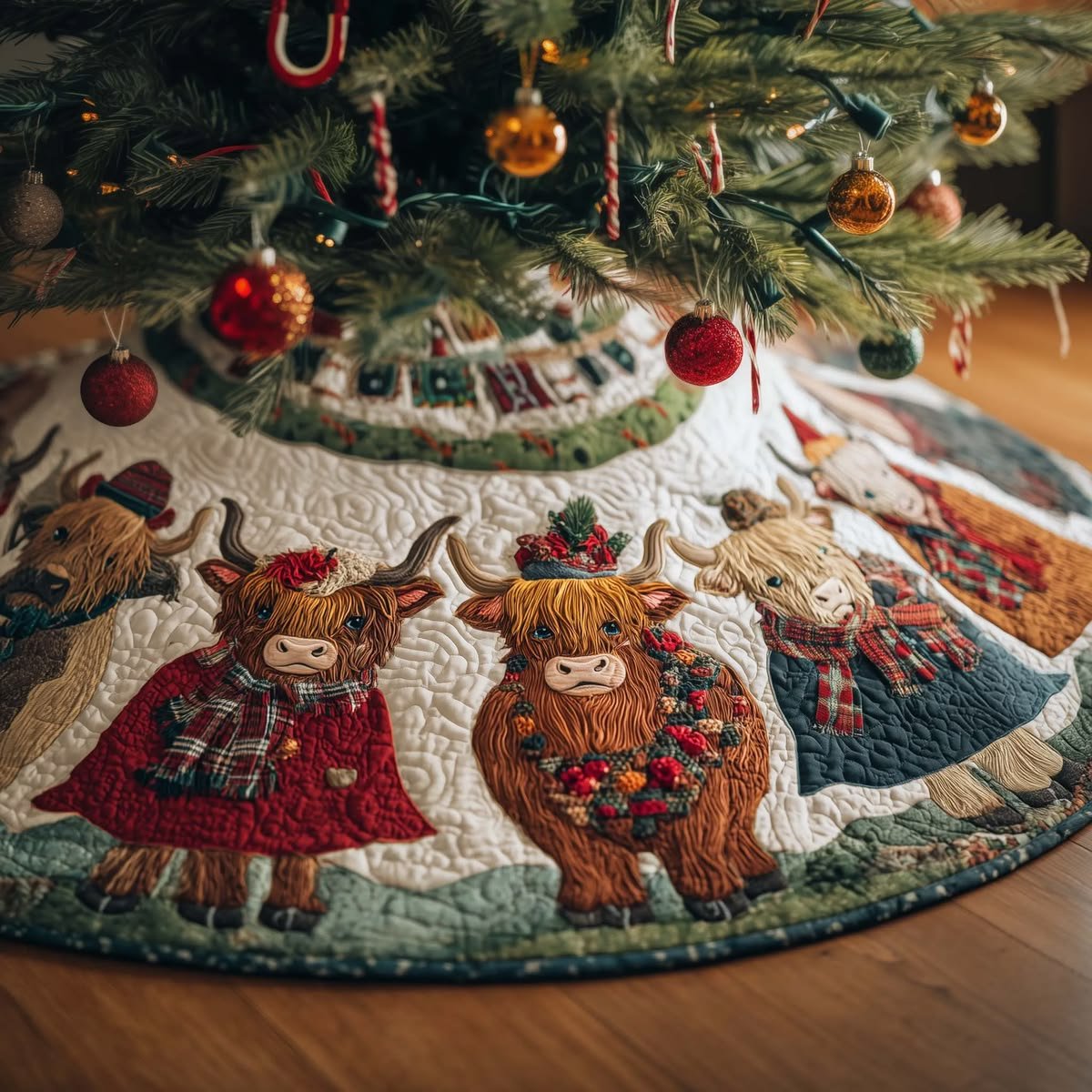 Highland Cow Quilted Tree Skirt, Patchwork Xmas Tree Skirt, Holiday Decor, Xmas Tree Base Cover, Custom Tree Skirt XMASTS58