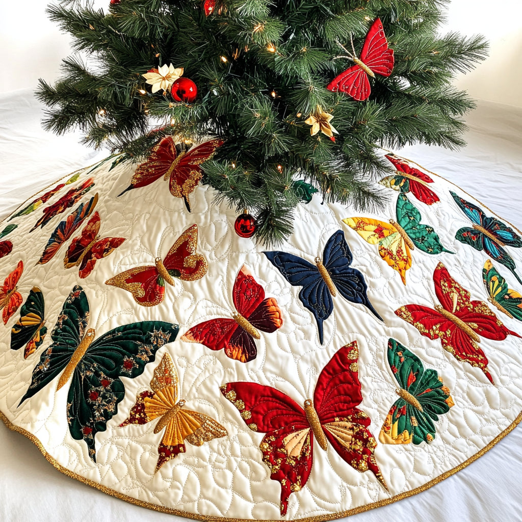 Colorful Butterfly Quilted Tree Skirt, Patchwork Xmas Tree Skirt, Holiday Decor, Xmas Tree Base Cover, Custom Tree Skirt XMASTS59