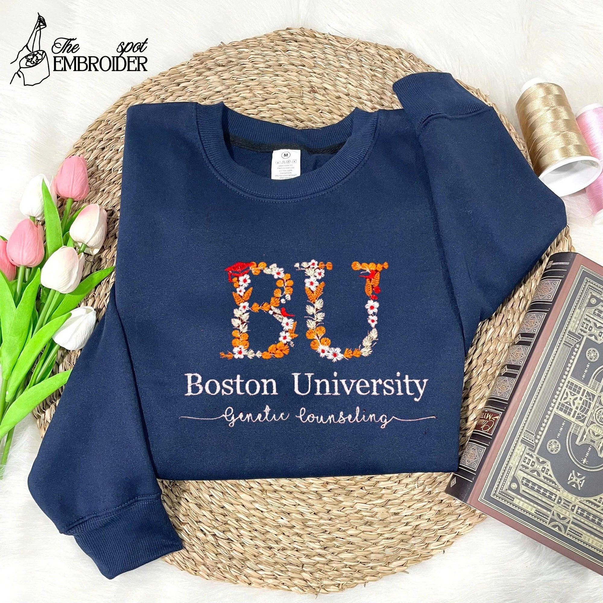 Custom College Embroidered Sweatshirt, Graduation Gift For Friend, Floral Letter Embroidered Hoodie, College University High School Crewneck