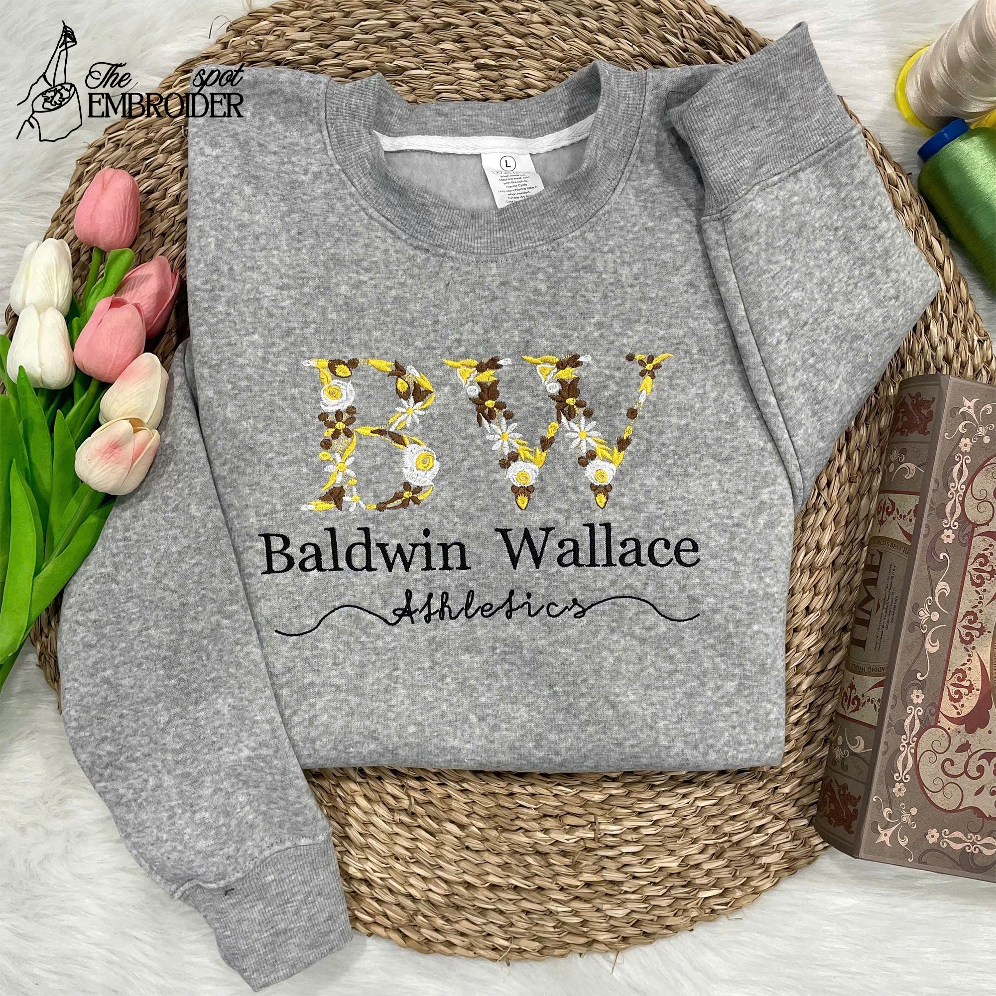 Custom College Embroidered Sweatshirt, Graduation Gift For Friend, Floral Letter Embroidered Hoodie, College University High School Crewneck