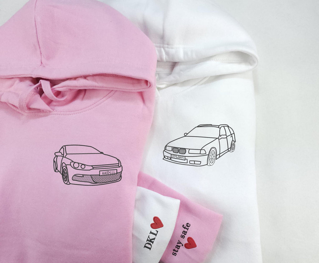 Embroidered Car Photo Portrait Hoodie, Custom Line Art Sketch Matching Hoody, Personalised Initial Car Lover Jumper, Best 80th Birthday Gift