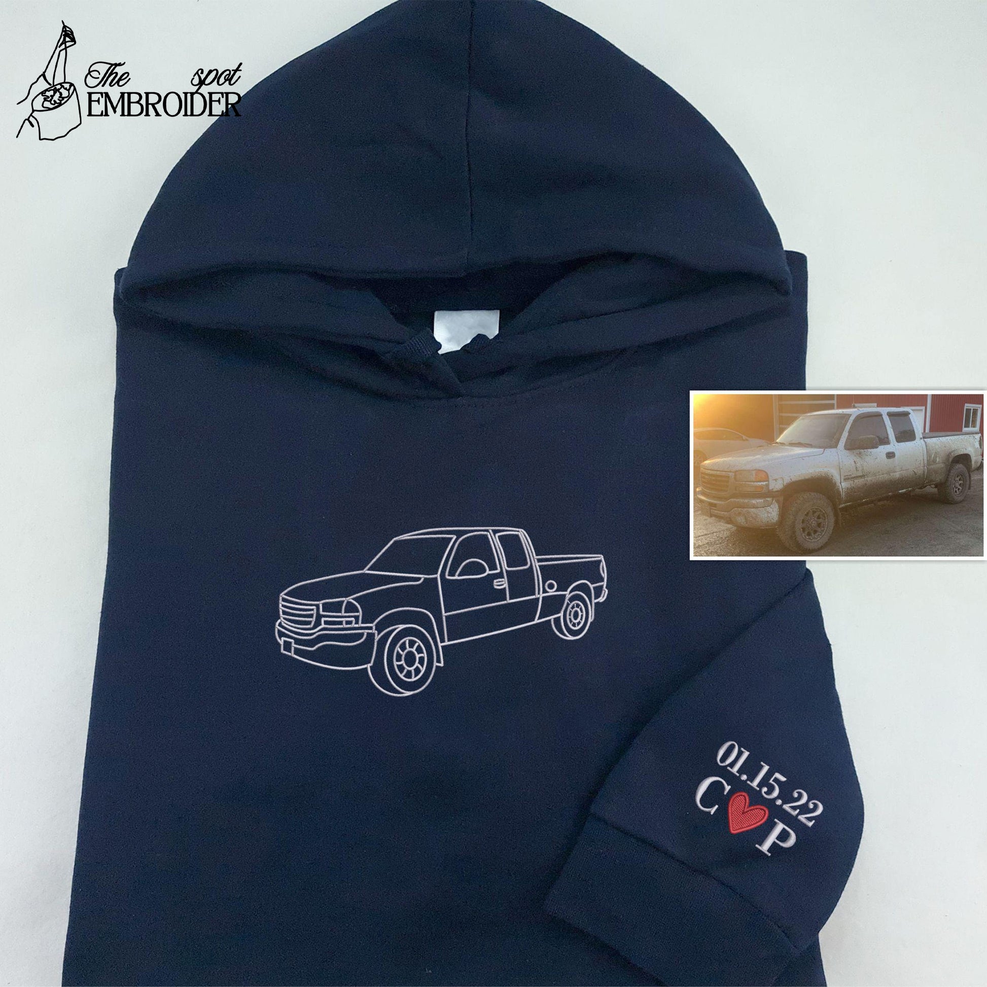 Embroidered Car Photo Portrait Hoodie, Custom Line Art Sketch Matching Hoody, Personalised Initial Car Lover Jumper, Best 80th Birthday Gift