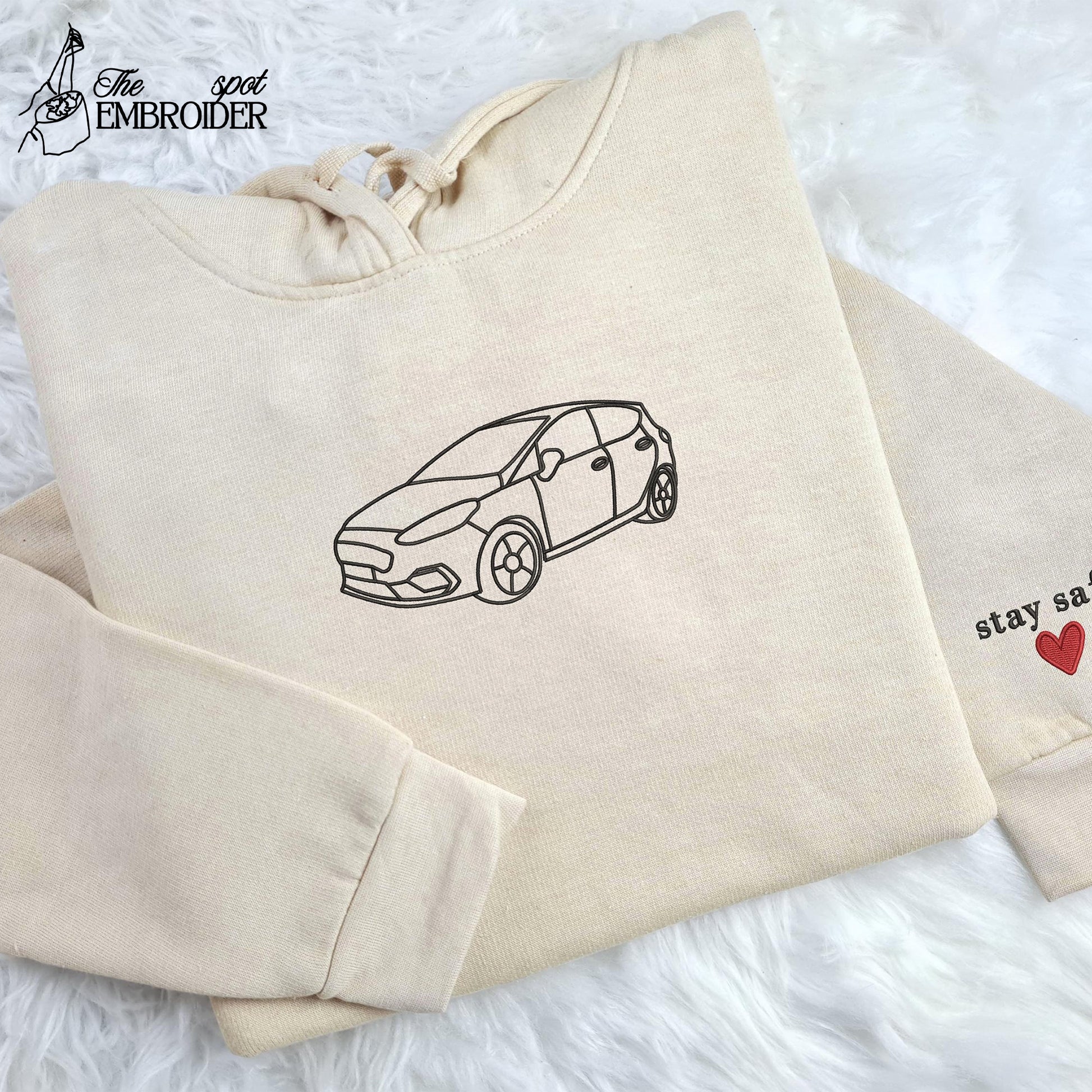 Embroidered Car Photo Portrait Hoodie, Custom Line Art Sketch Matching Hoody, Personalised Initial Car Lover Jumper, Best 80th Birthday Gift