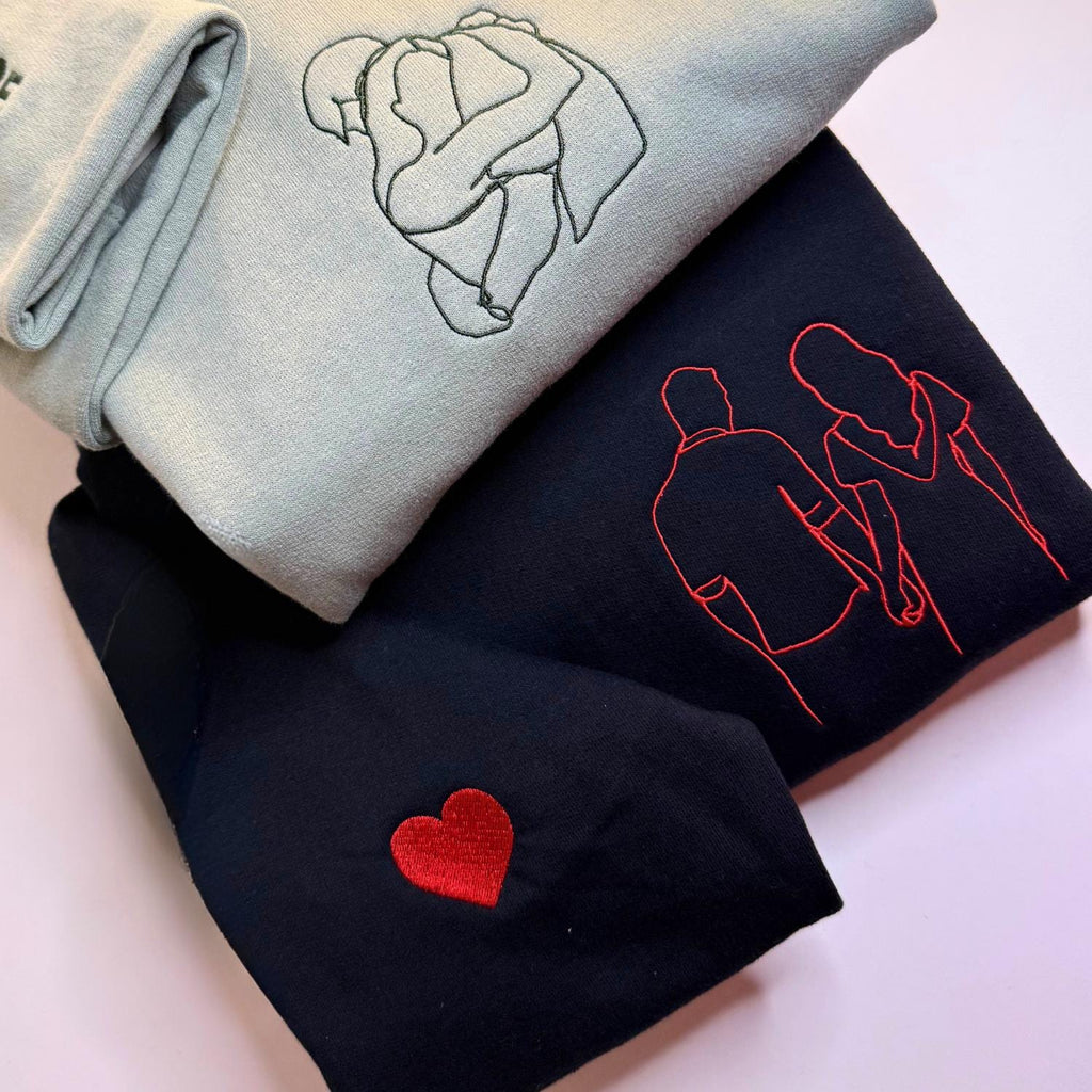 Custom Photo Embroidered Hoodie, Sketch from Photo, Personalised Couple or Family Portrait Hoodies, Line Art Embroidery Gift