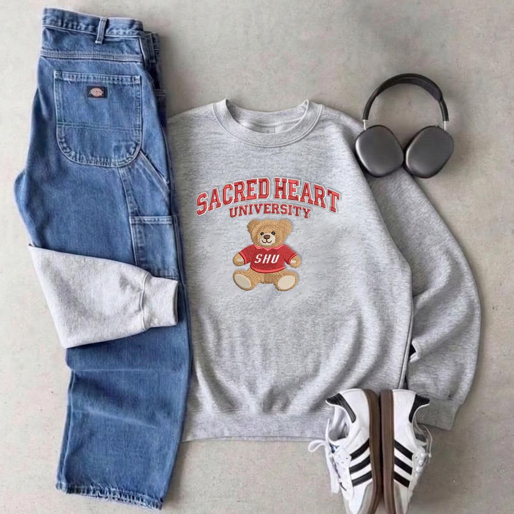 Teddy Bear Embroidered University Sweatshirt, Custom College Name Crewneck, Cute School Spirit Shirt, Game Day Outfit, College Gift