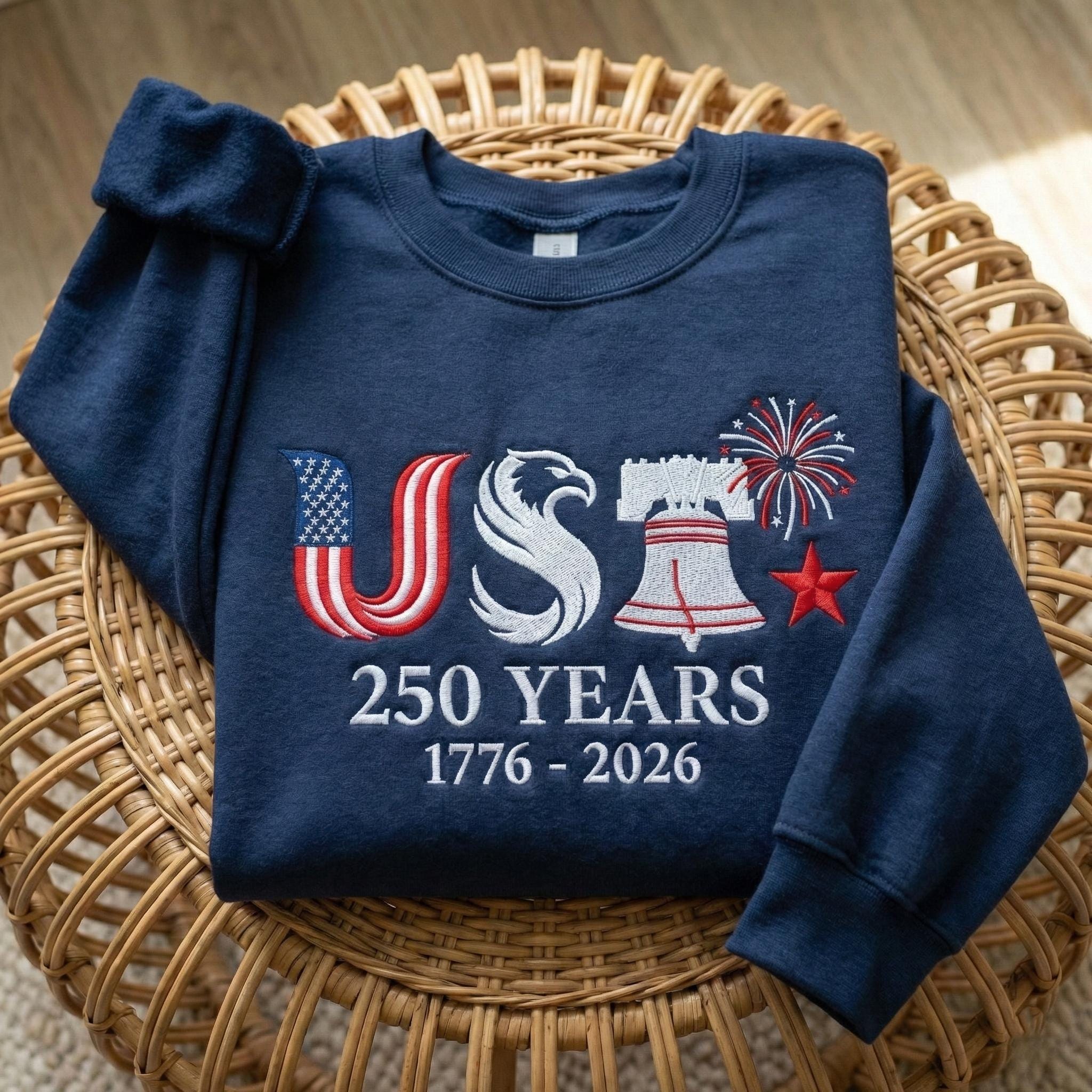EMBROIDERED USA 250 Years Sweatshirt, American Independence Day Shirt, 1776–2026 Patriotic Crewneck, Liberty Bell Eagle Fourth of July Gift