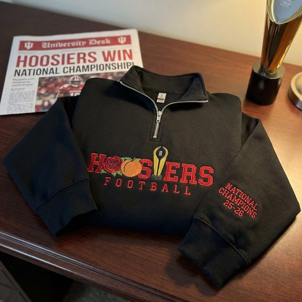 Embroidered Indiana Champions 2025–2026 Quarter Zip Sweatshirt – Indiana Football Trophy Sweater, Unisex Hoosiers Fan Apparel