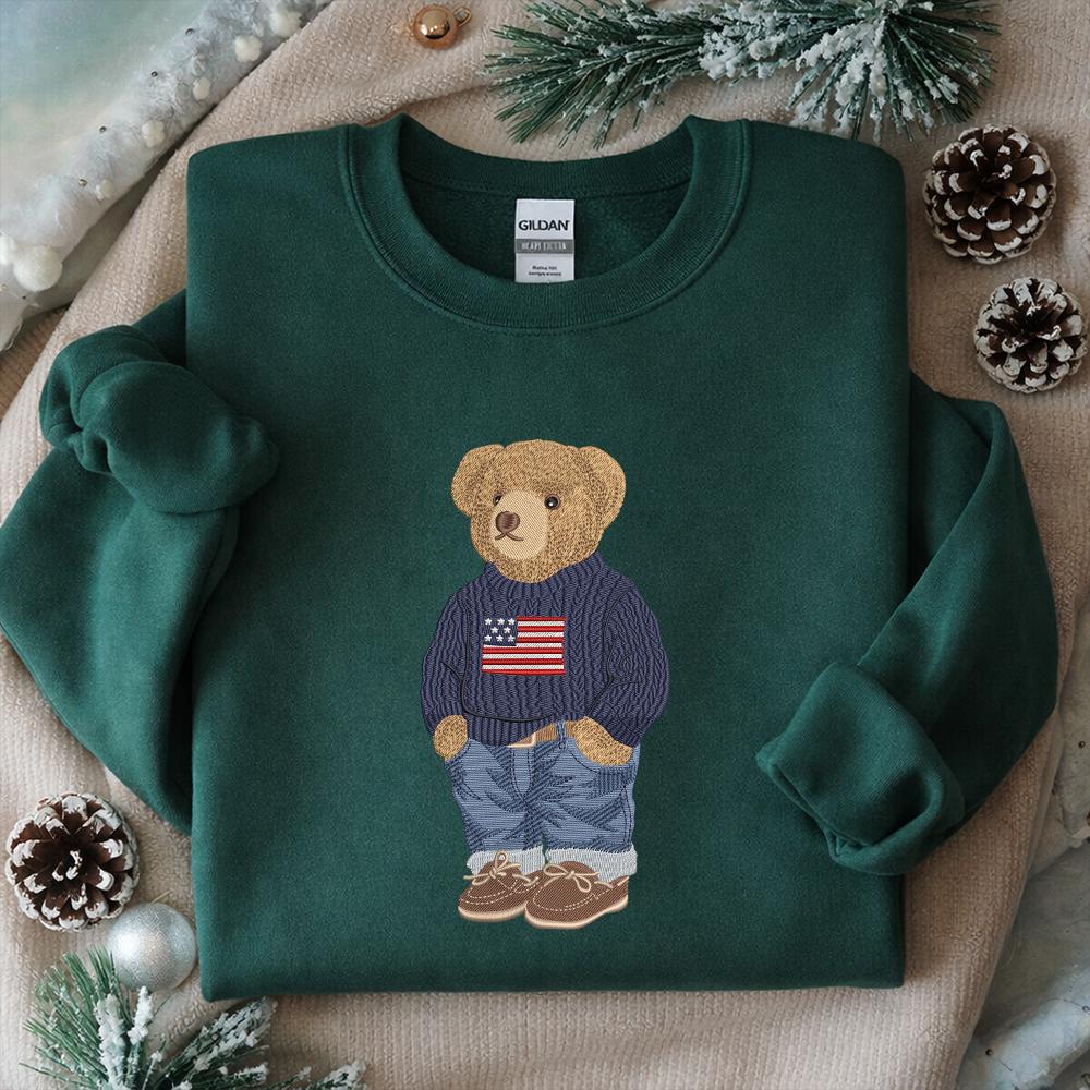 Stylish Winter Bear Embroidery Sweatshirt – Teddy Bear Holiday Machine Embroidered Shirt