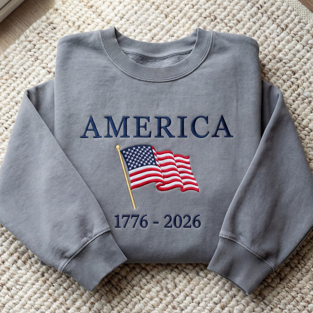 Embroidered 250th Anniversary America Sweatshirt, 1776-2026 USA Flag Crewneck, Custom July 4th Independence Gift, Red White Blue US Apparel