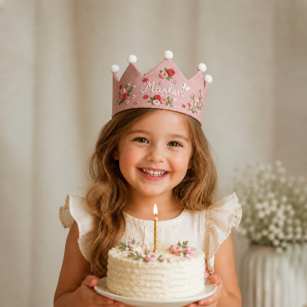 Hand-Embroidered Flower Linen Birthday Crown, Personalized Floral Name Keepsake, Birthday Crown For Kid, Custom Embroidered Crown EMC05