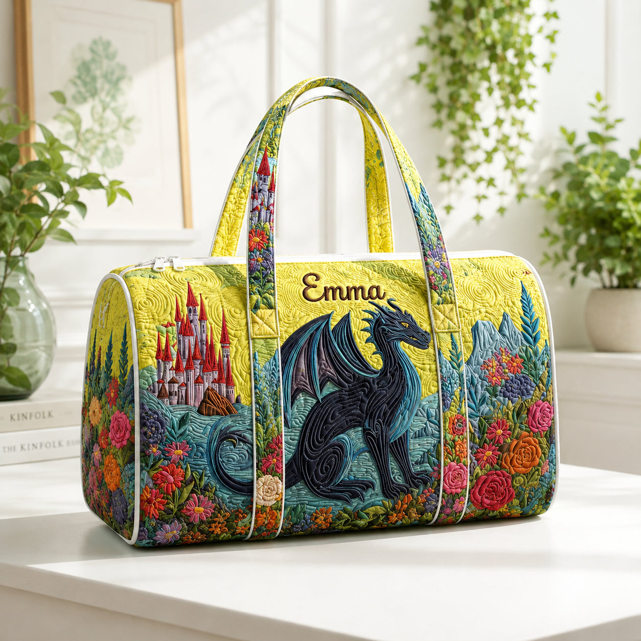 Personalized Fantasy Dragon Quilted Duffle Bag, Custom Dragon Travel Bag with Name, Fabric Weekender Bag DFB28