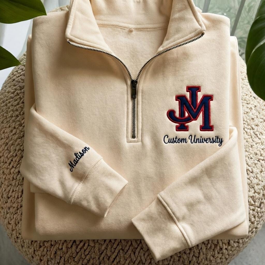 Personalized College University Logo Embroidered Quarter Zip Sweatshirt, Custom University Crewneck, College Sweatshirt, Graduation Gifts