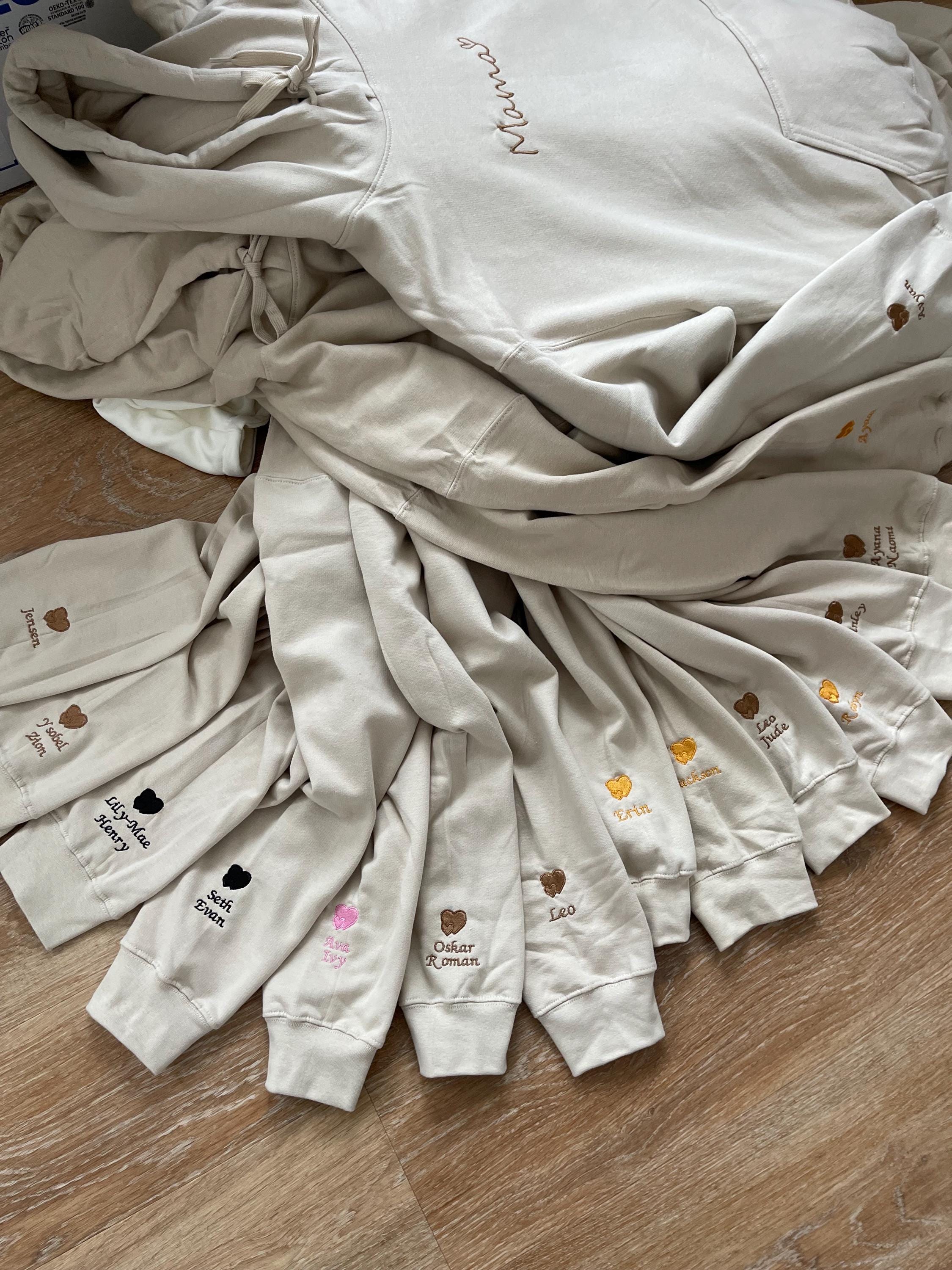 Personalized Mama Hoodie with Names on Sleeve, Custom Embroidered Cuff Sweatshirt, New Mom Hoodie, Mama Jumper, Mother’s Day Gift for Her