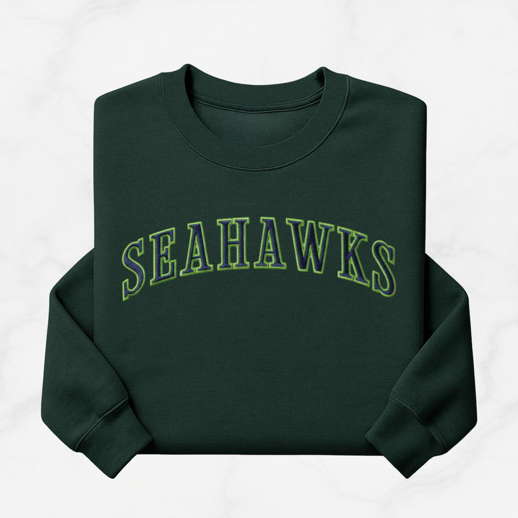 Embroidered Seahawks Crewneck Sweatshirt, Green and Navy Lettering, Seattle Football Fan Merch Apparel