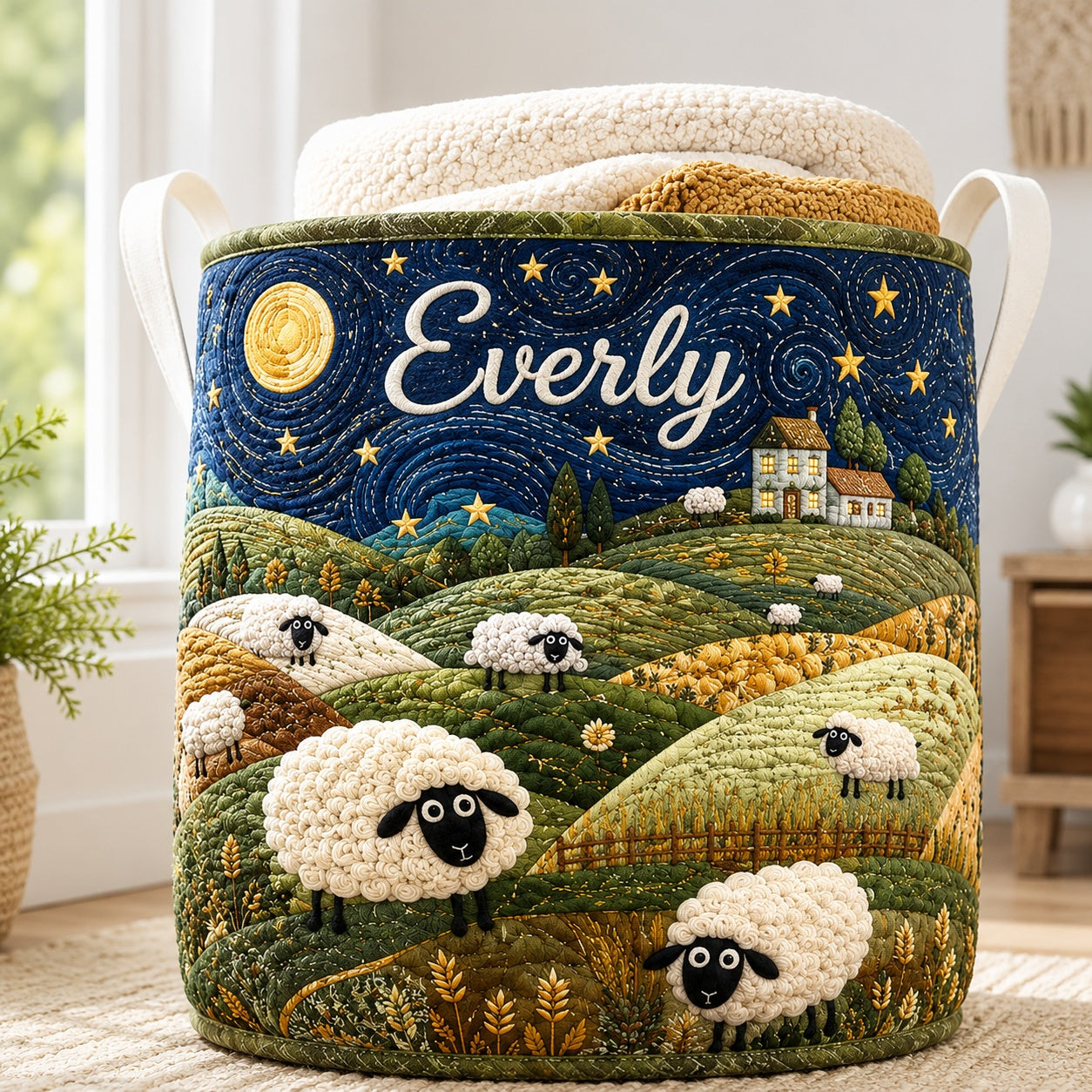 Cute Sheep Starry Night Pattern Quilted Laundry Basket, Custom Sheep Storage Hamper, Custom Name Quilted Basket, Laundry Room Decor, Fabric Clothes Basket QBK79