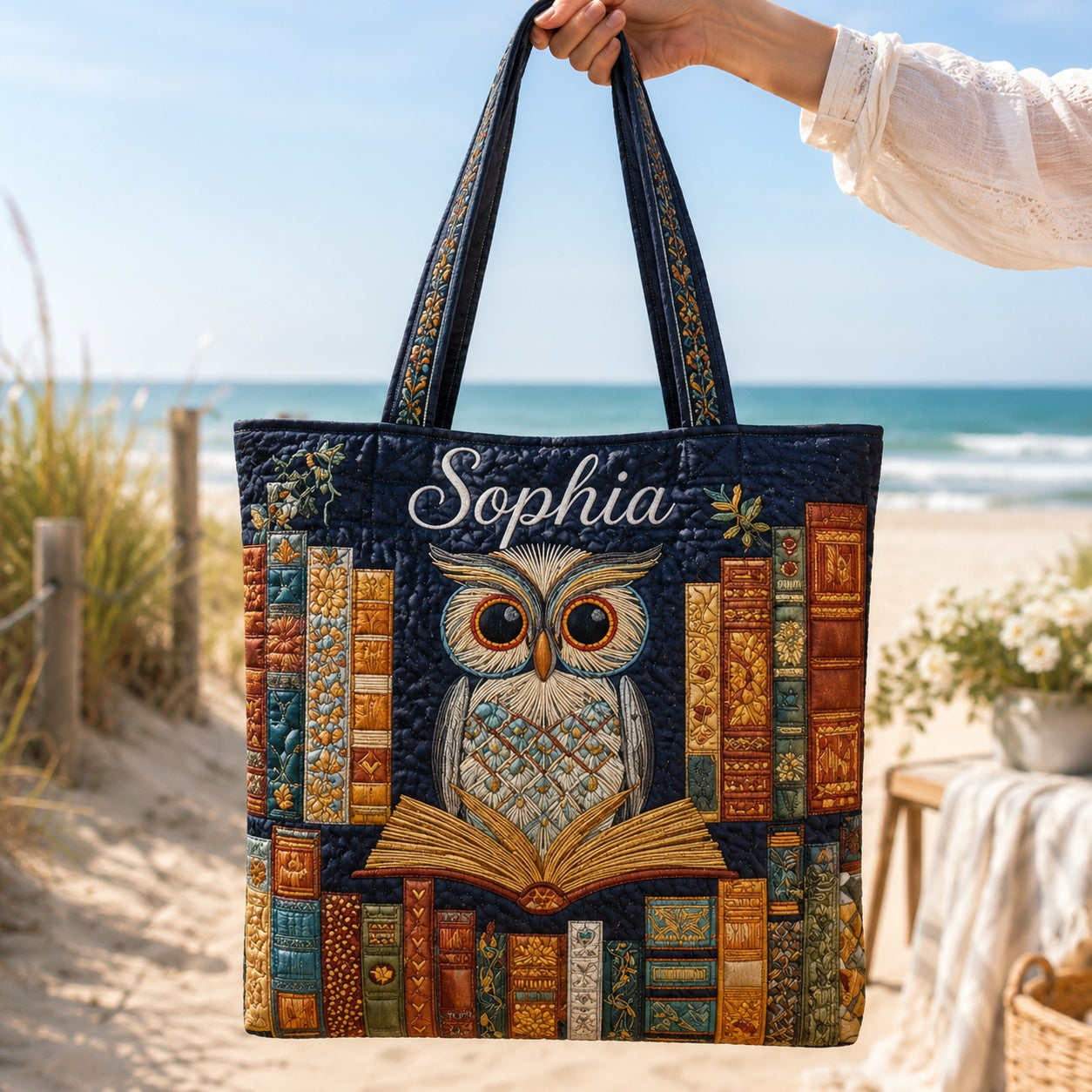 Owl And Book Quilted Tote Bag, Library Tote Bag, Quilted Shoulder Bag, Quilted Book Bag, Fabric Bag QTOTE57