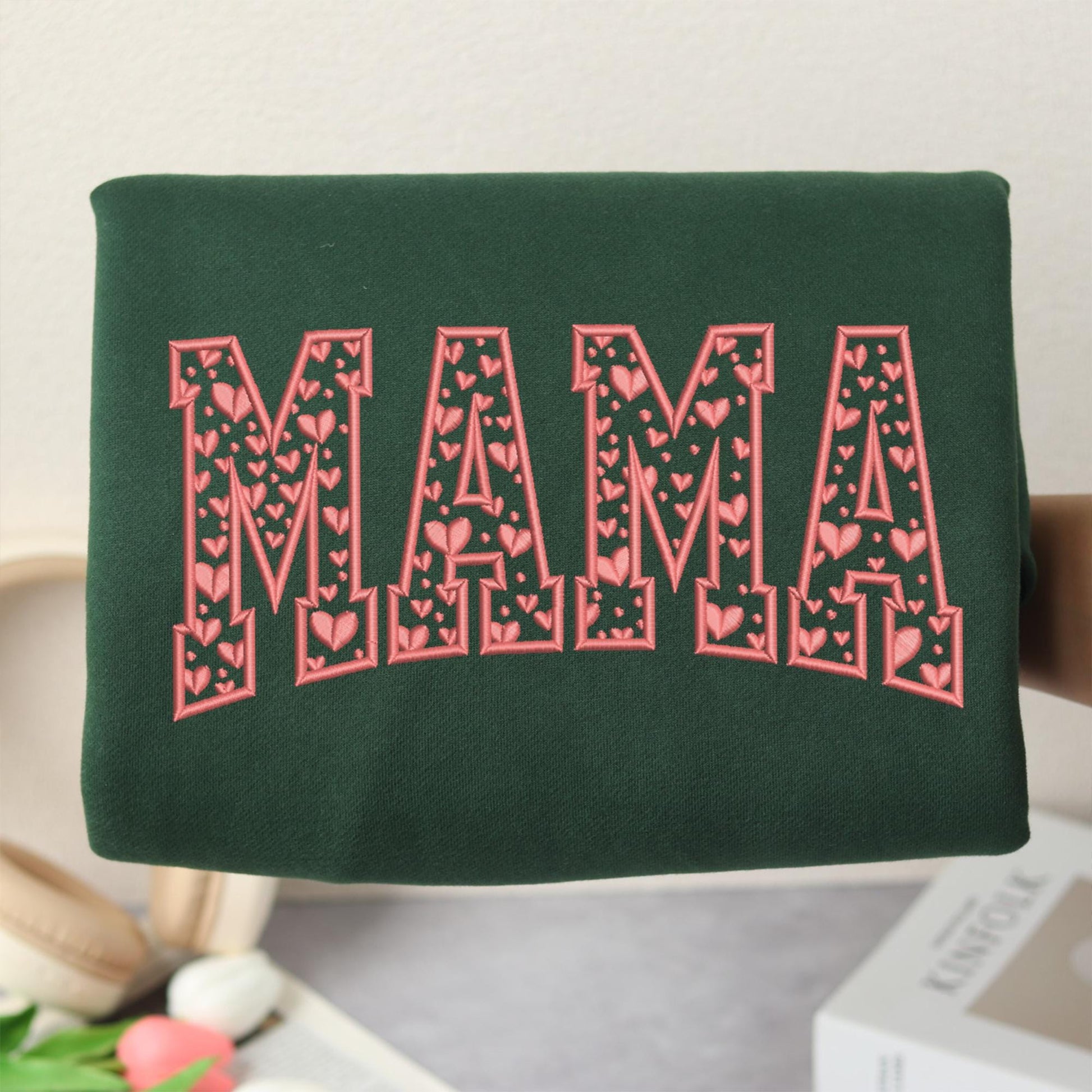 MAMA Heart Letter Embroidered Sweatshirt, Mom Valentine Sweatshirt, Cozy Valentine’s Day Gift for Mom