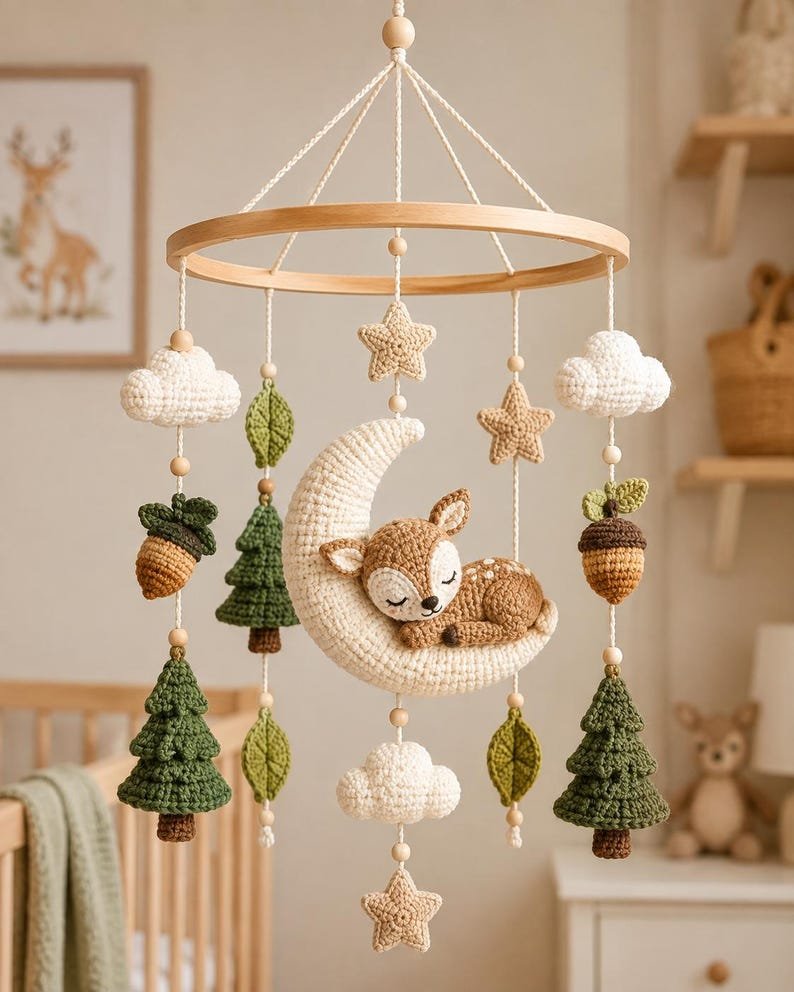 Deer And Moon Baby Crib Mobile, Handmade Crochet Woodland Mobile, Forest Nursery Decor, Deer Baby Mobile, Baby Shower Gift CrochetBBM05
