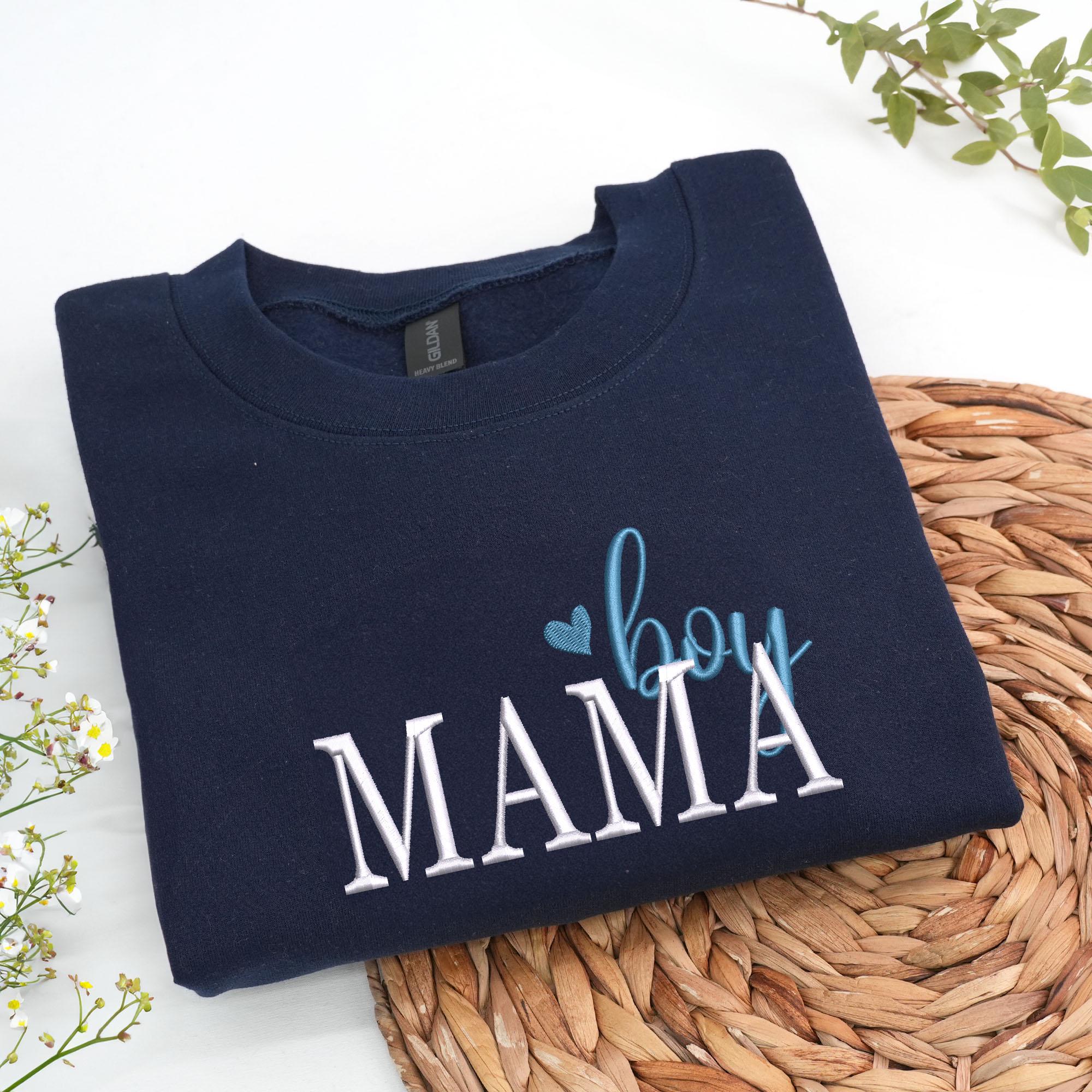 Boy Mama Embroidered Sweatshirt – Custom Kids Name on Sleeve, Boy Mom Club Crewneck, Mother and Son Gift