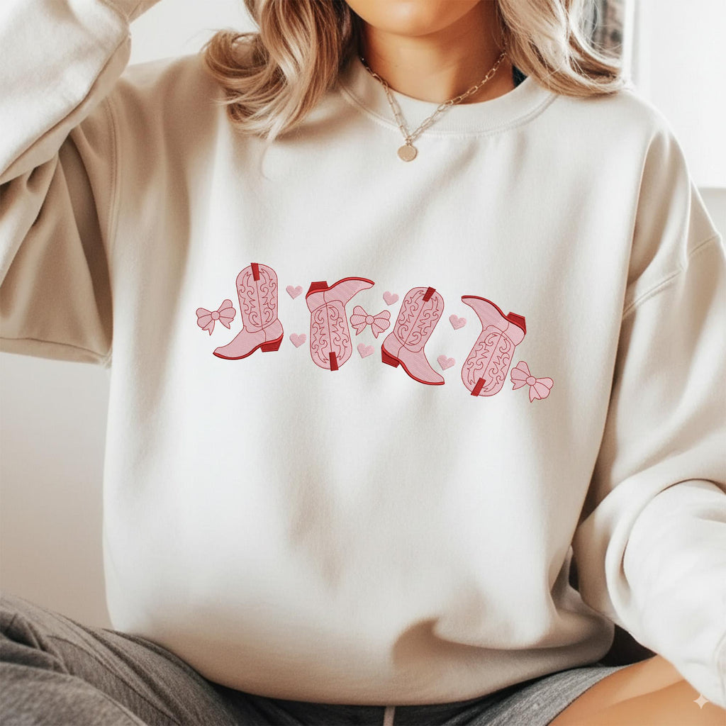 Cowboy Boots Love Machine Embroidered Sweatshirt, Western Valentine Crewneck, Coquette Valentine Gift