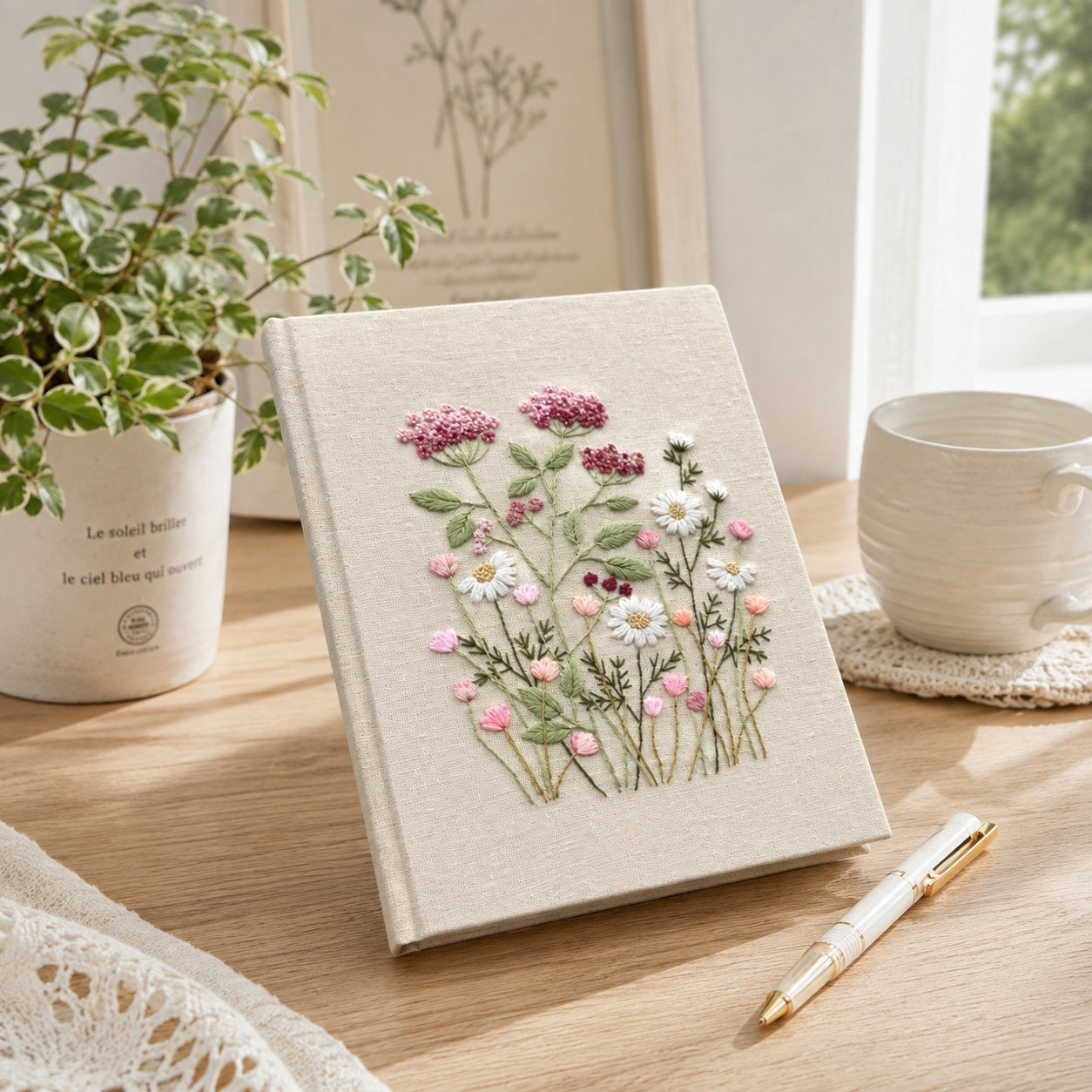 Hand Embroidered Journal Notebook, Personalized Floral Notebook With Name, Linen Fabric Hard Cover Notebook, Special Custom Handmade Gift and Keepsakes ENB01