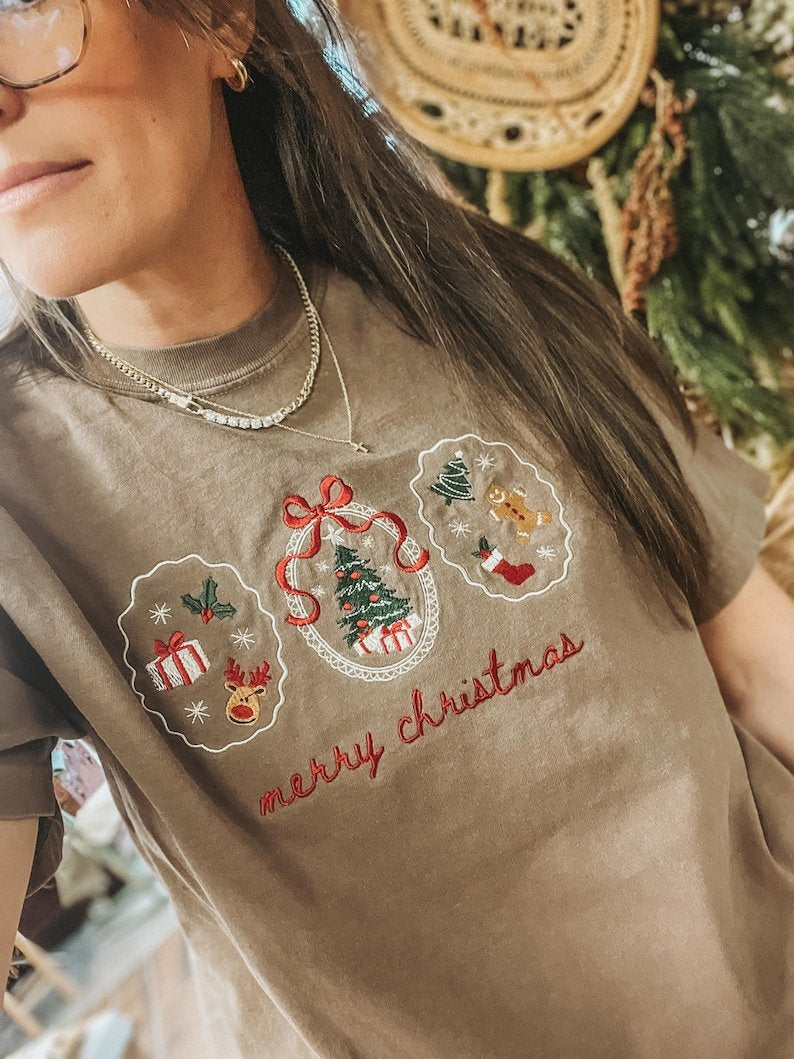 Holiday Christmas Sweatshirt with Embroidered Snowman, Pine Tree & Poinsettia, Winter Crewneck XMASS04