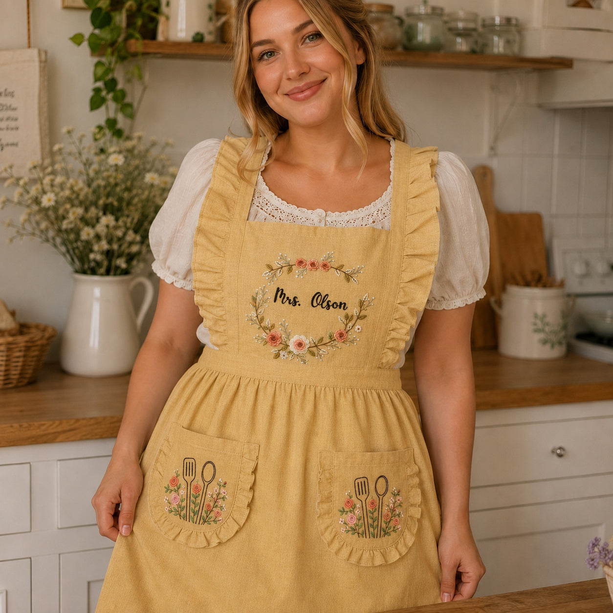 Wild Flowers Hand Embroidered Custom Apron, Ruffled Apron, Embroidered Apron, Linen Apron, Gardening Apron, Kitchen Apron, Mom Gift EMAP03