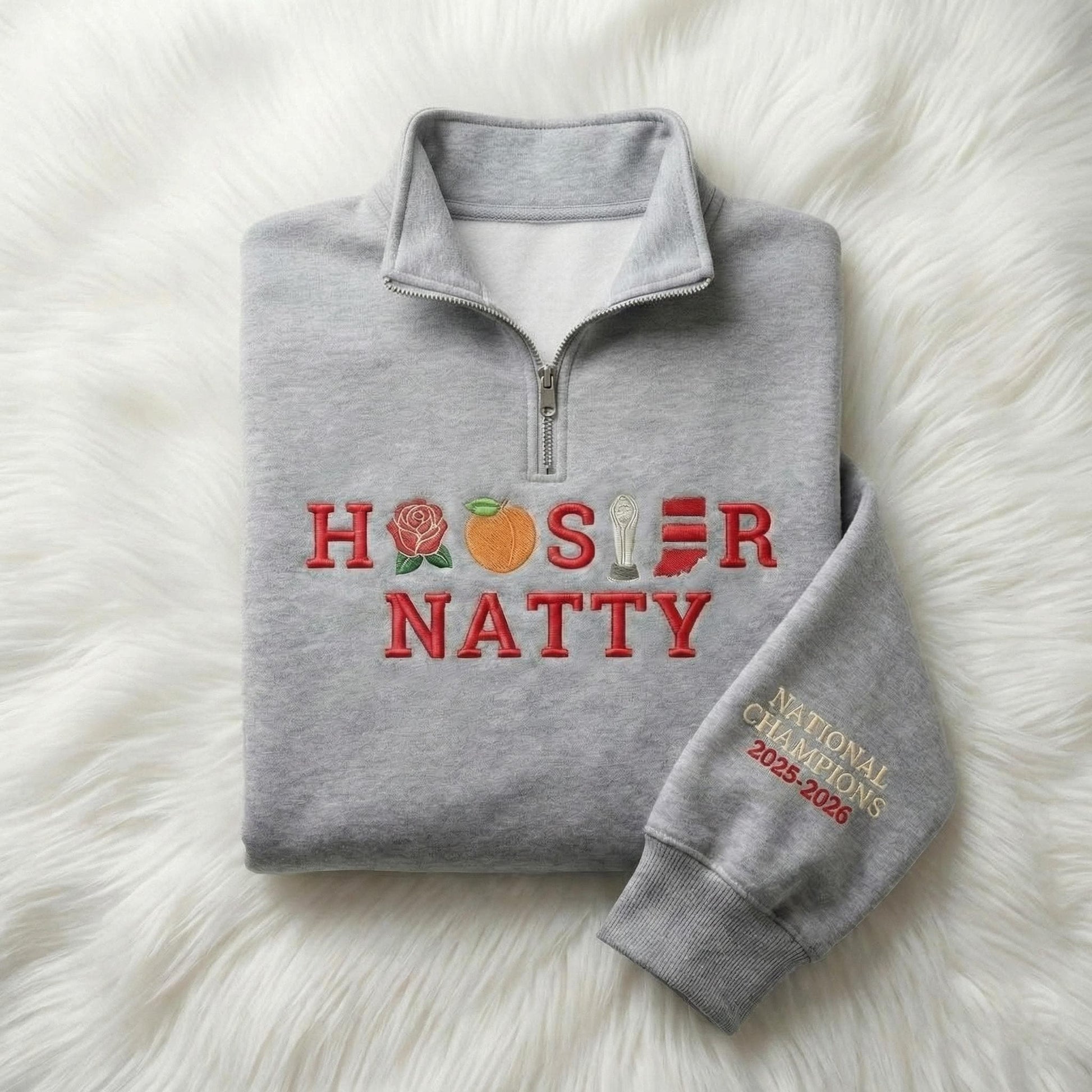 Embroidered Indiana Champions 2026 Quarter Zip Sweatshirt – Hoosiers Trophy Sweater, Unisex Indiana Fan Apparel, Game Day Embroidery