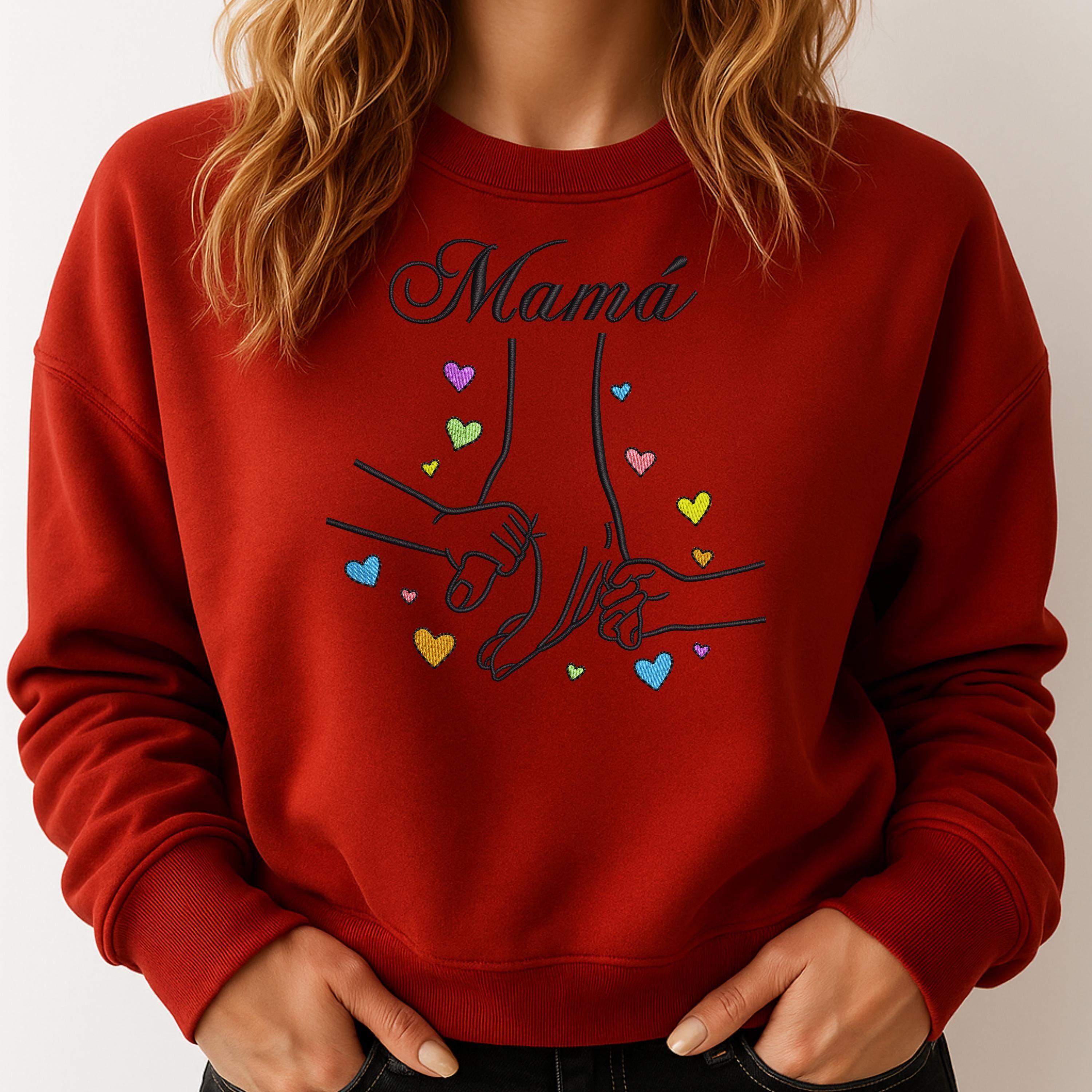 Mama Hand Holding Embroidery Sweatshirt – Heart Sketch Embroidered Sweatshirt, Minimal Mother Gift