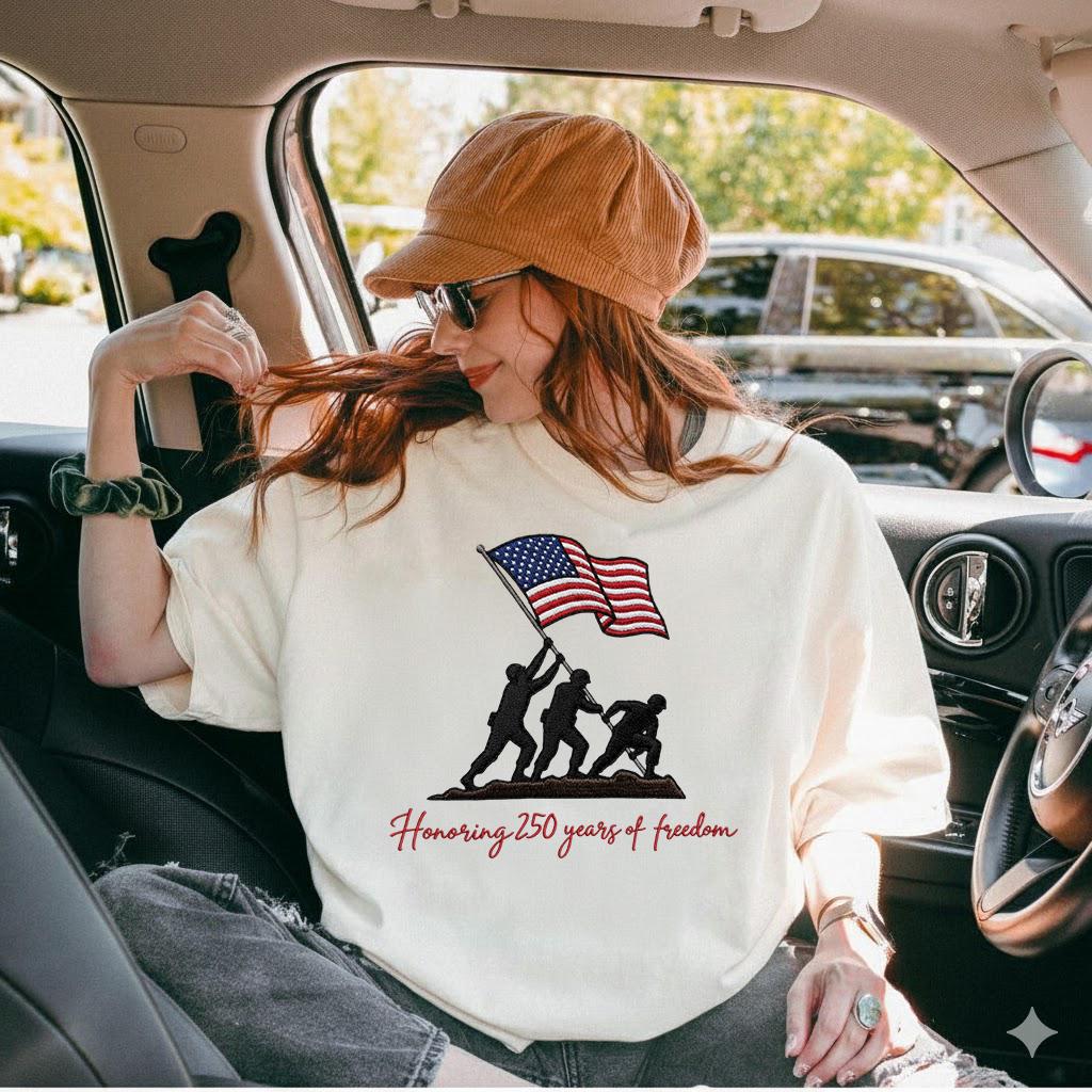Honoring 250 Years of Freedom Embroidered Sweatshirt – Patriotic USA Flag Crewneck