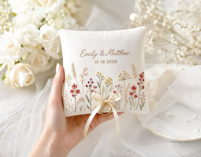 Personalized Embroidered Summer Floral Wedding Ring Bearer Pillow, Custom Wedding Ring Pillow, Wedding Keepsake Gift WPILLOW05