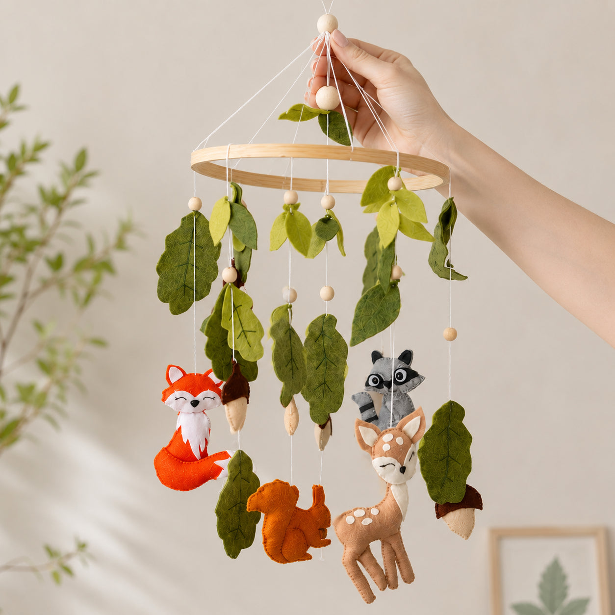 Personalized Woodland Forest Felt Baby Mobile, Handmade Fox, Deer and Raccoon Nursery Crib Mobile, Forest Animals Baby Room Decor, Nursery Hanging Decor BBMB06