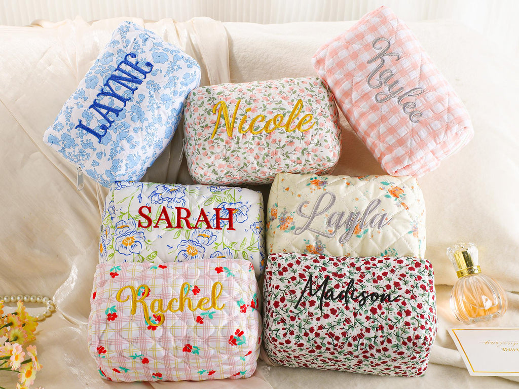 Personalized Embroidered Makeup Bag – Custom Floral Cosmetic Bag, Travel Makeup Pouch, Bridesmaid Gift for Her