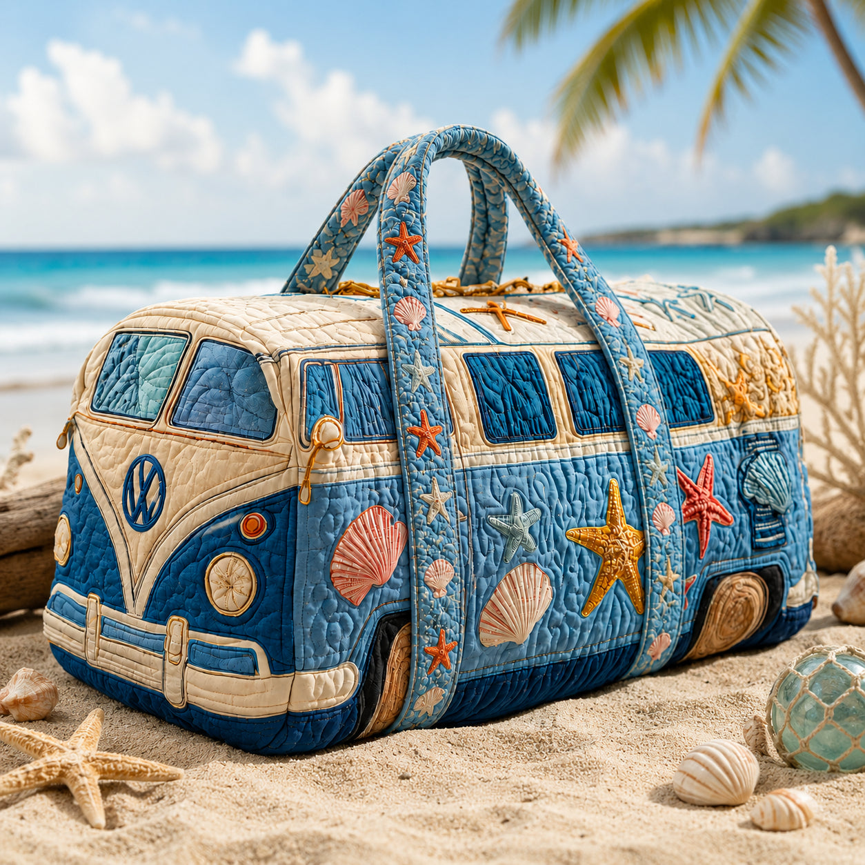 Seashell Starfish Quilted Duffle Bag, Ocean Pattern Camper Duffle Bag, Overnight Bag, Quilted Travel Bag, Quilted Weekend Bag, Custom Bag Gift DFB18